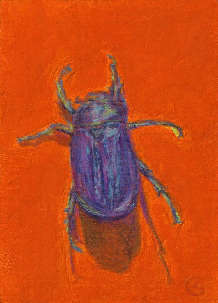 Painting of a purple beetle on an orange background