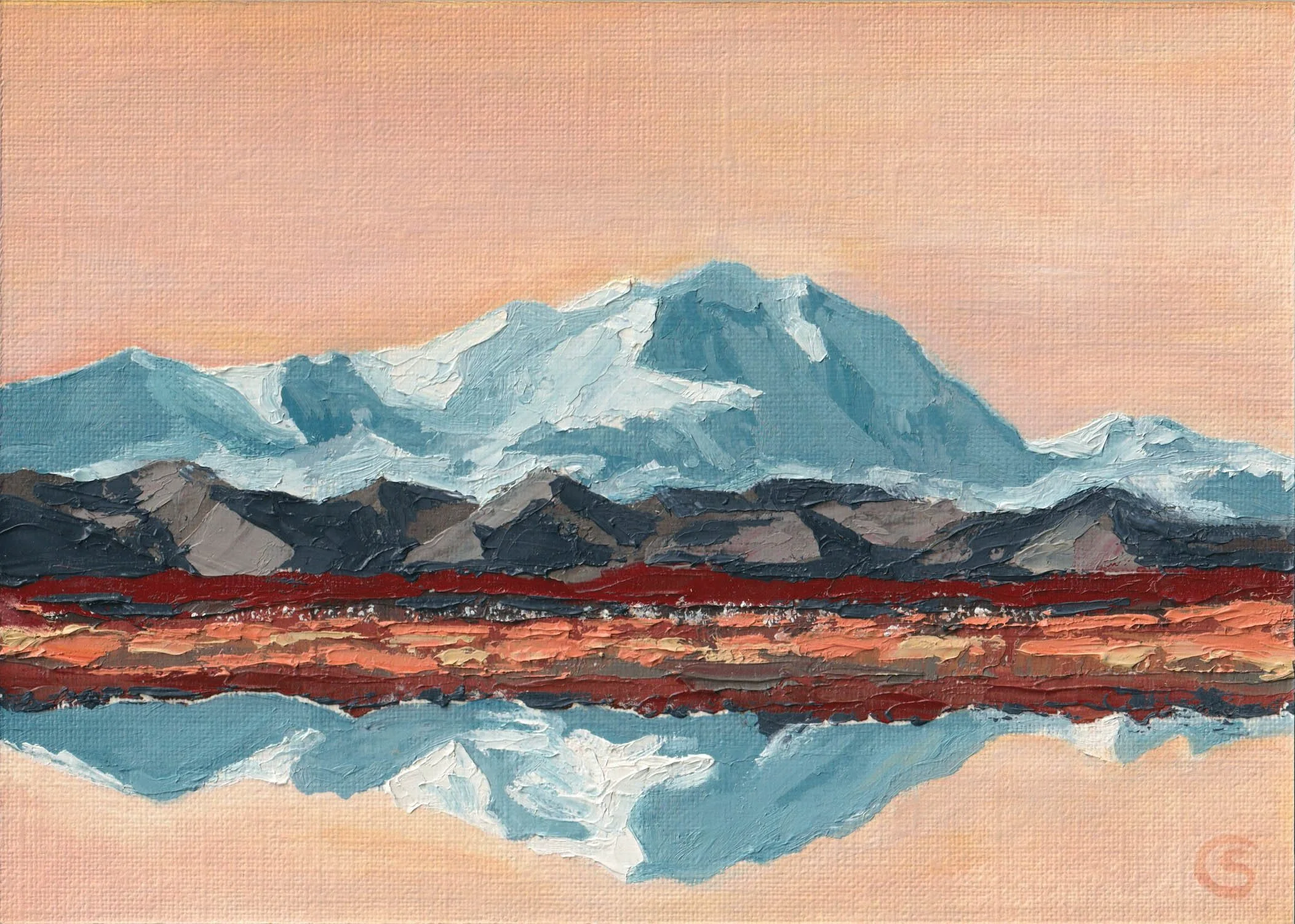 A colorful abstract palette knife impressionist-style oil painting of snow-capped Mount Denali or Mount McKinley in Denali National Park, Alaska. Showing an orange sky in the background and a reflection of the mountain in the water in the foreground.