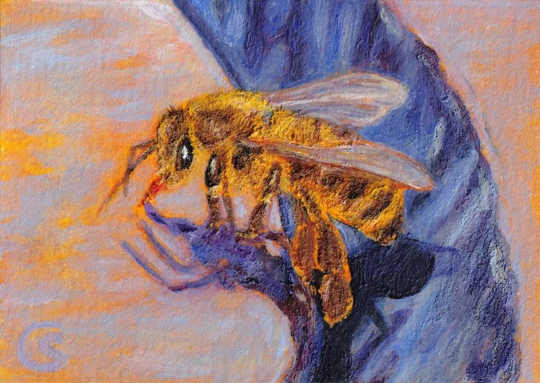 A close-up of a bee on a person's hand, with the person wearing a blue shirt, painted in a textured, impressionistic style.