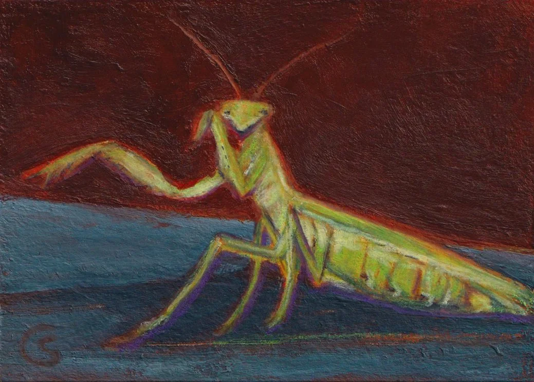 An abstract painting of a praying mantis with bright yellow and green hues, set against a dark red background.