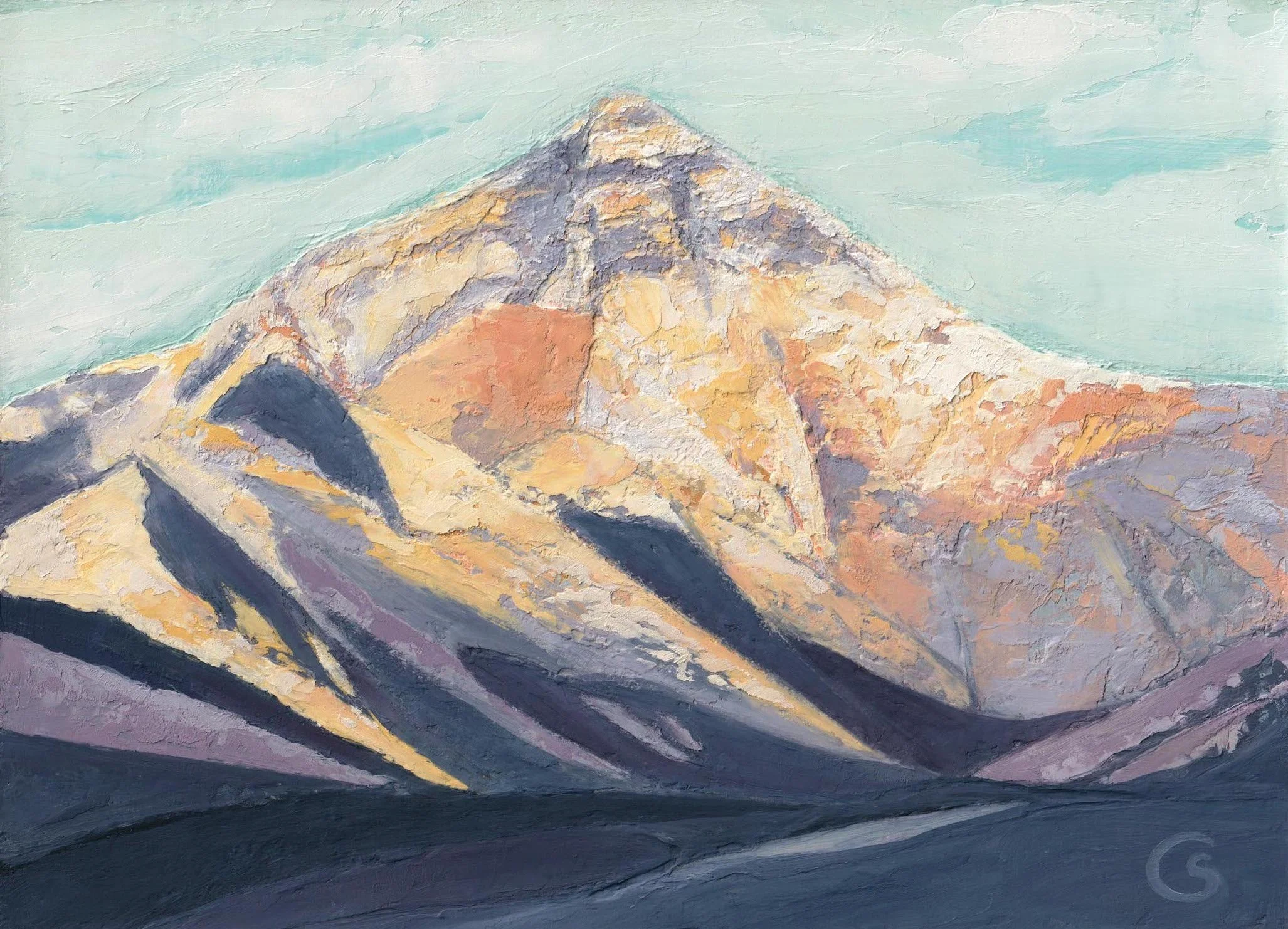 A colorful abstract palette knife impressionist-style oil painting of mount Everest at golden hour in the Himalayas. The mountain range with shades of purple, yellow, orange, and gray, and a light blue sky.