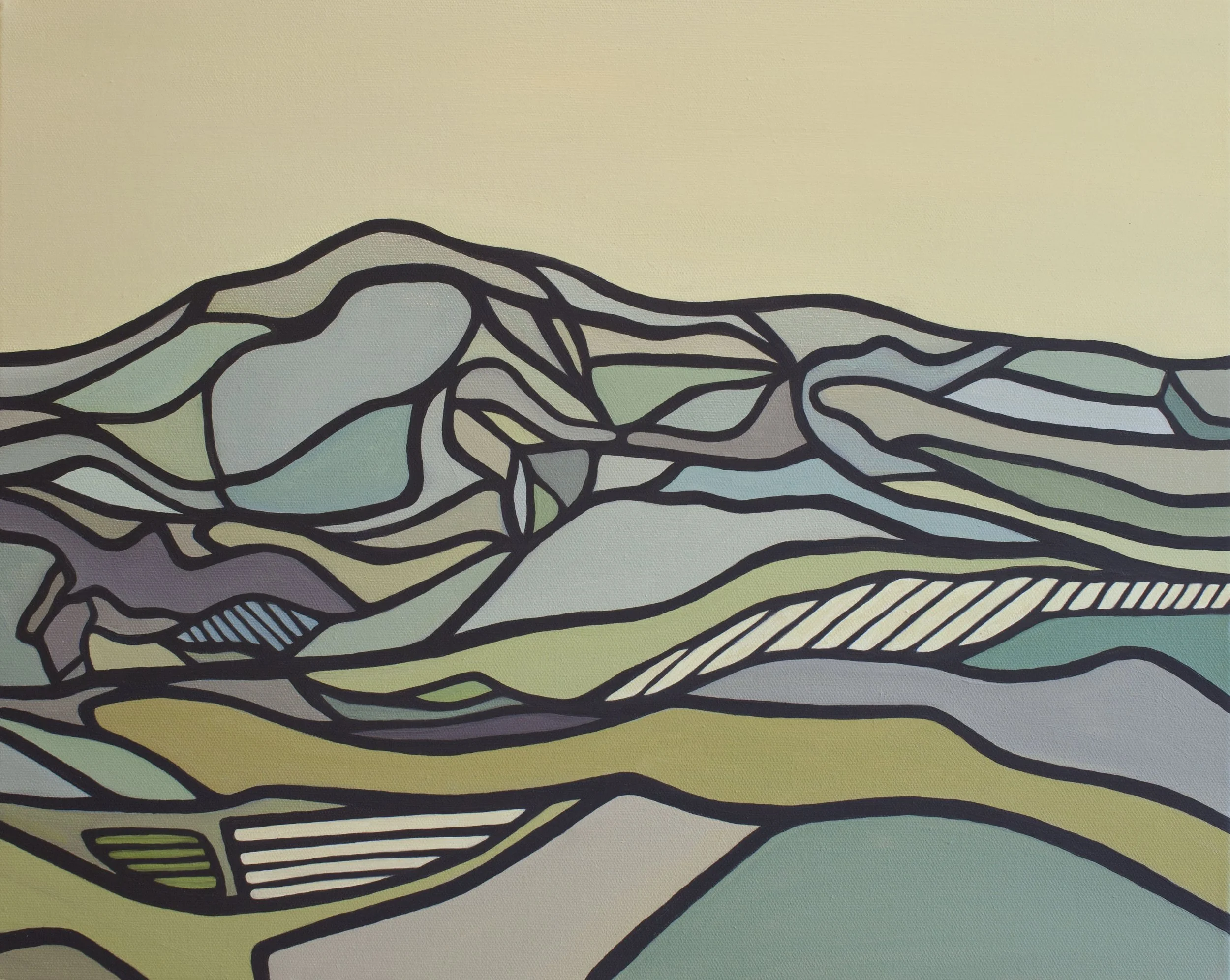 A mid century modern abstract topographical aerial view landscape of rice terraces at sunset using black outlined shapes with pastel-filled sections in shades of green, purple, and beige, on a light background.