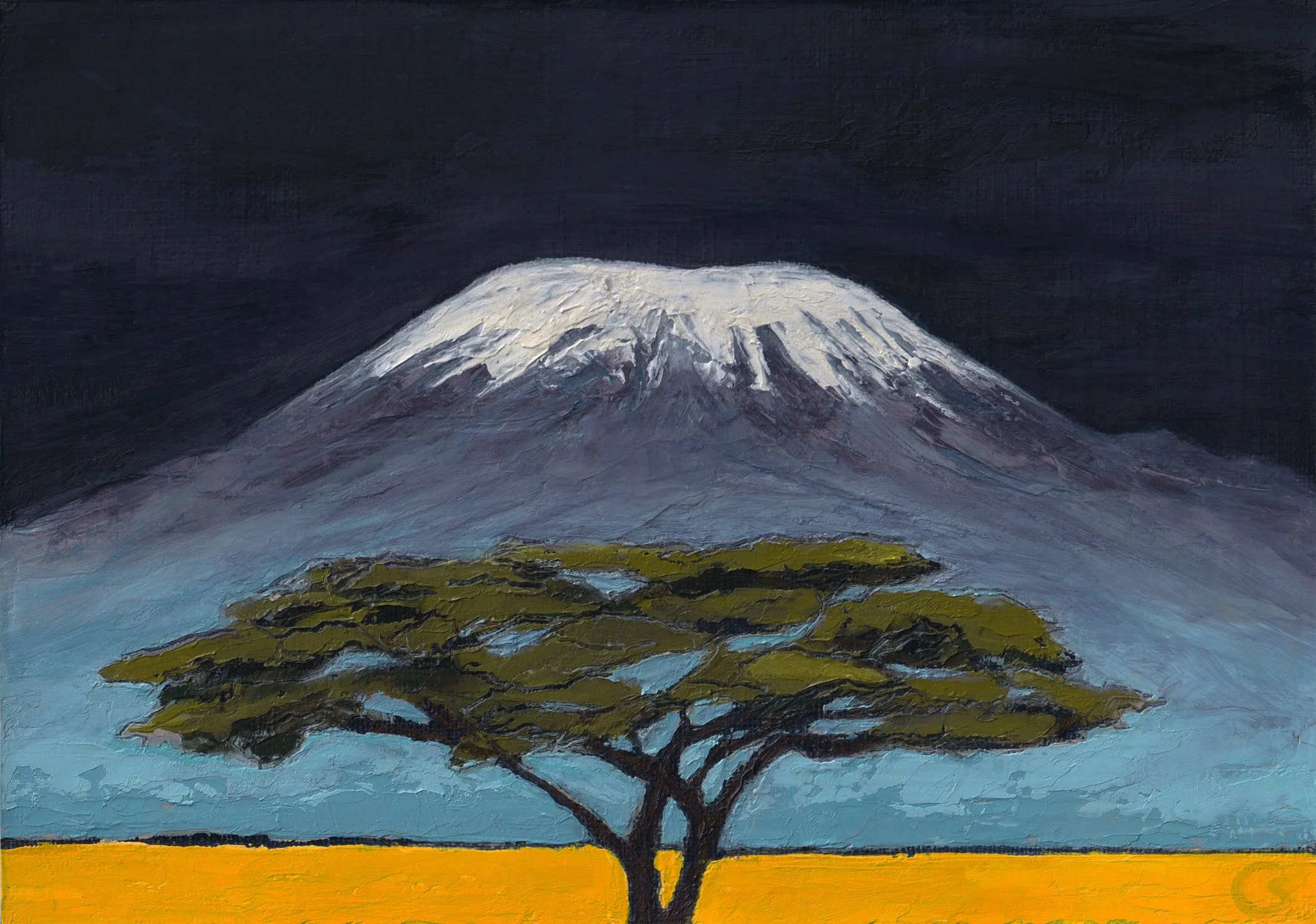 A colorful impressionist palette knife landscape oil painting of Mount Kilimanjaro volcano in Tanzania. The painting shows a snow-capped volcano mountain with a dark sky, with acacia tree and African savanna in the foreground.