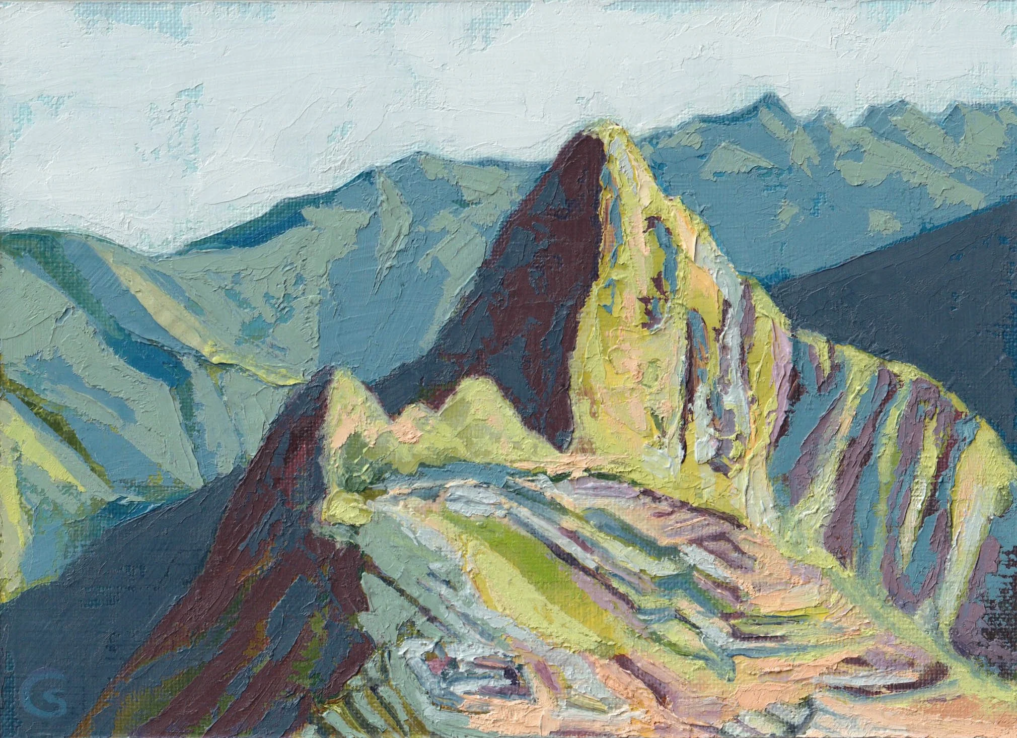 A colorful impressionist palette knife landscape oil painting of Machu Picchu on Peruvian mountain Huayna Picchu in Peru, South America. The mountains are green and purple with golden hour lighting with more mountains silhouetted in the background.