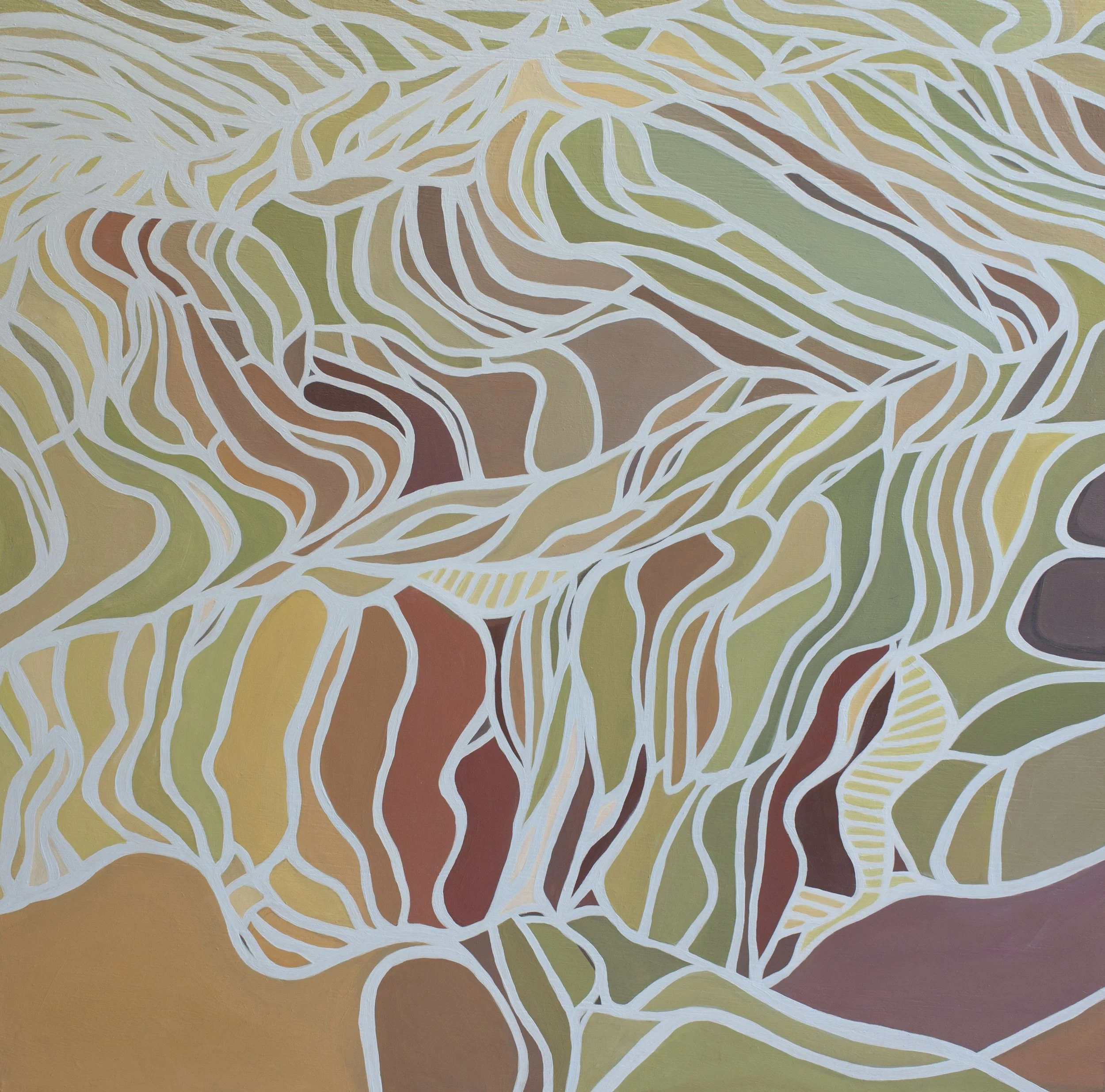 A mid century modern abstract topographical aerial view landscape of rice terraces at sunset using a warm color palette, thick, curving lines and shapes in shades of green, orange, white, blue, red, and brown.