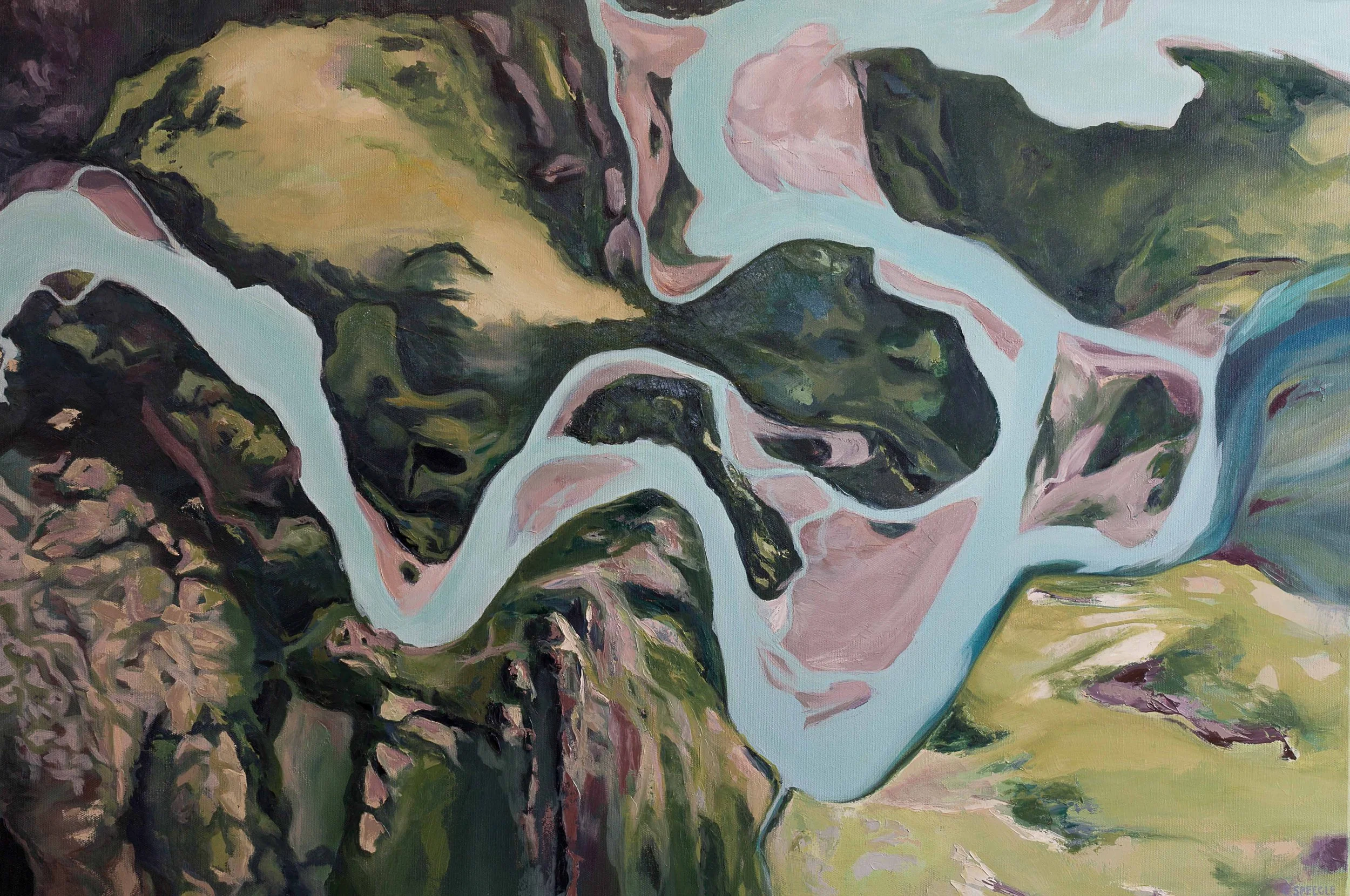 An abstract aerial view landscape of a river in Patagonia, South America using a warm color palette, thick, curving lines and shapes in shades of green, purple, and blue.