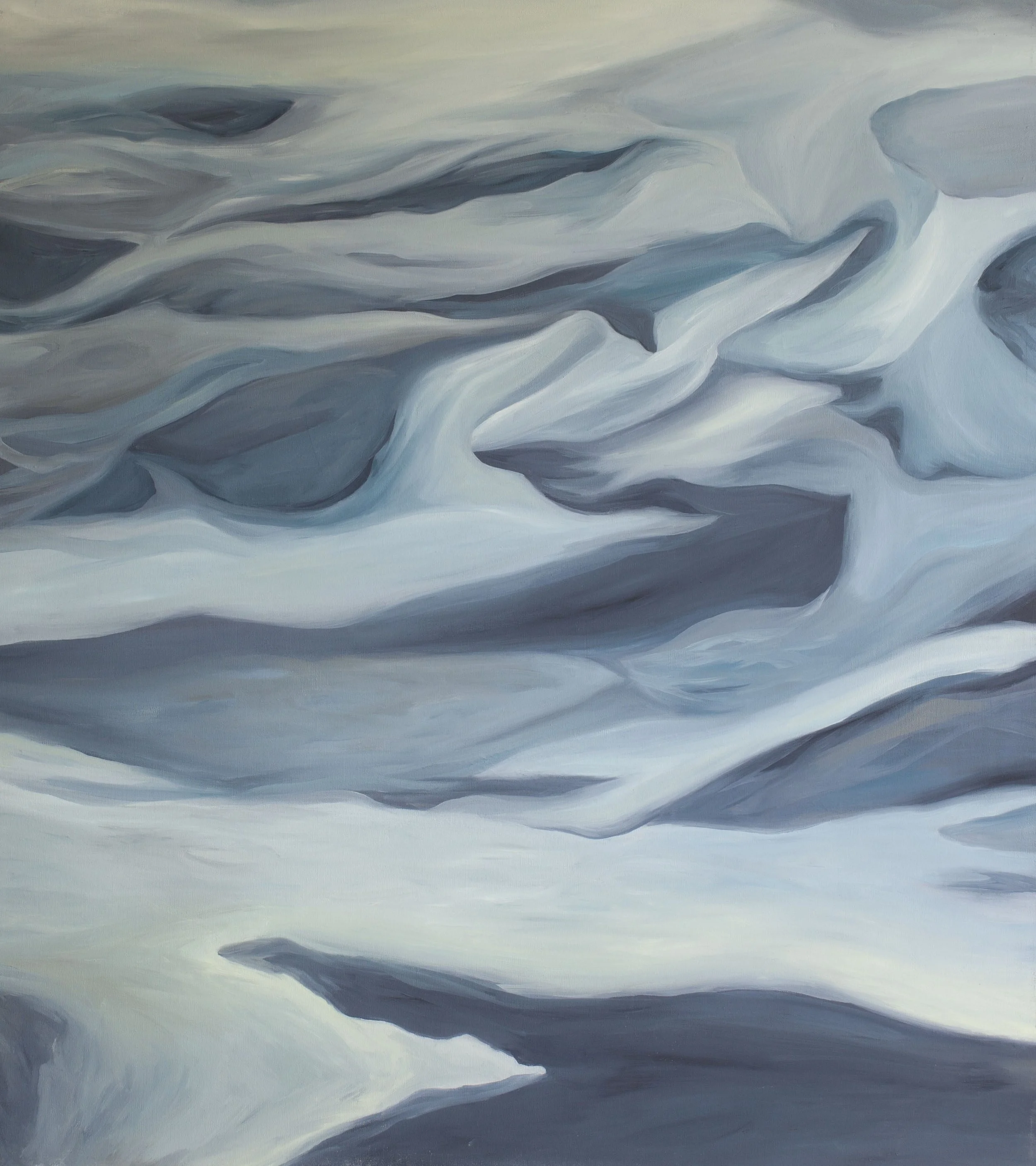 An abstract aerial view landscape painting of ash river runoff in Iceland with swirling patterns of blue, gray, white, and hints of beige