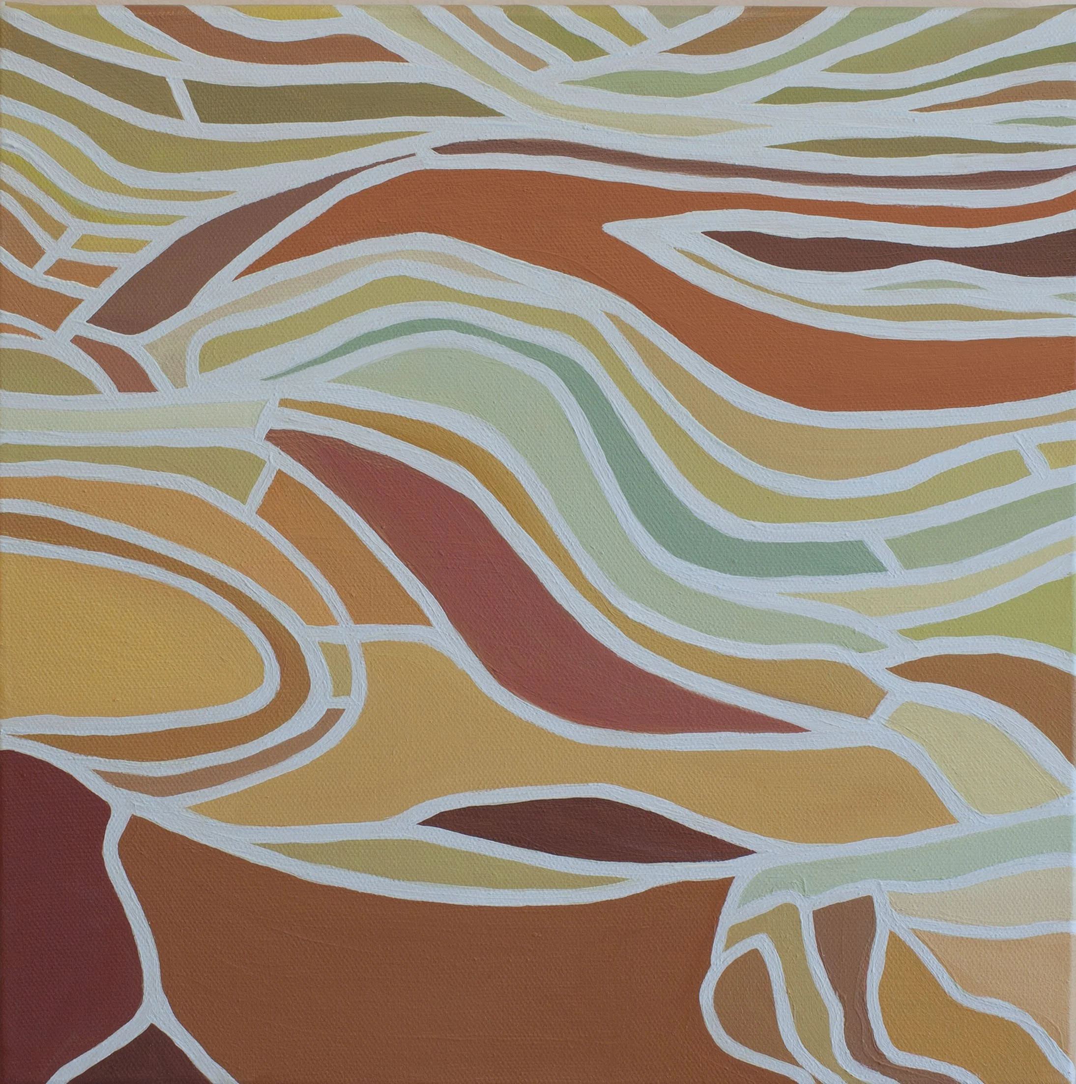 A mid century modern abstract topographical aerial view landscape of rice terraces at sunset with flowing white lines creating a web-like pattern on a background of earthy tones, including shades of orange, brown, beige, and green.
