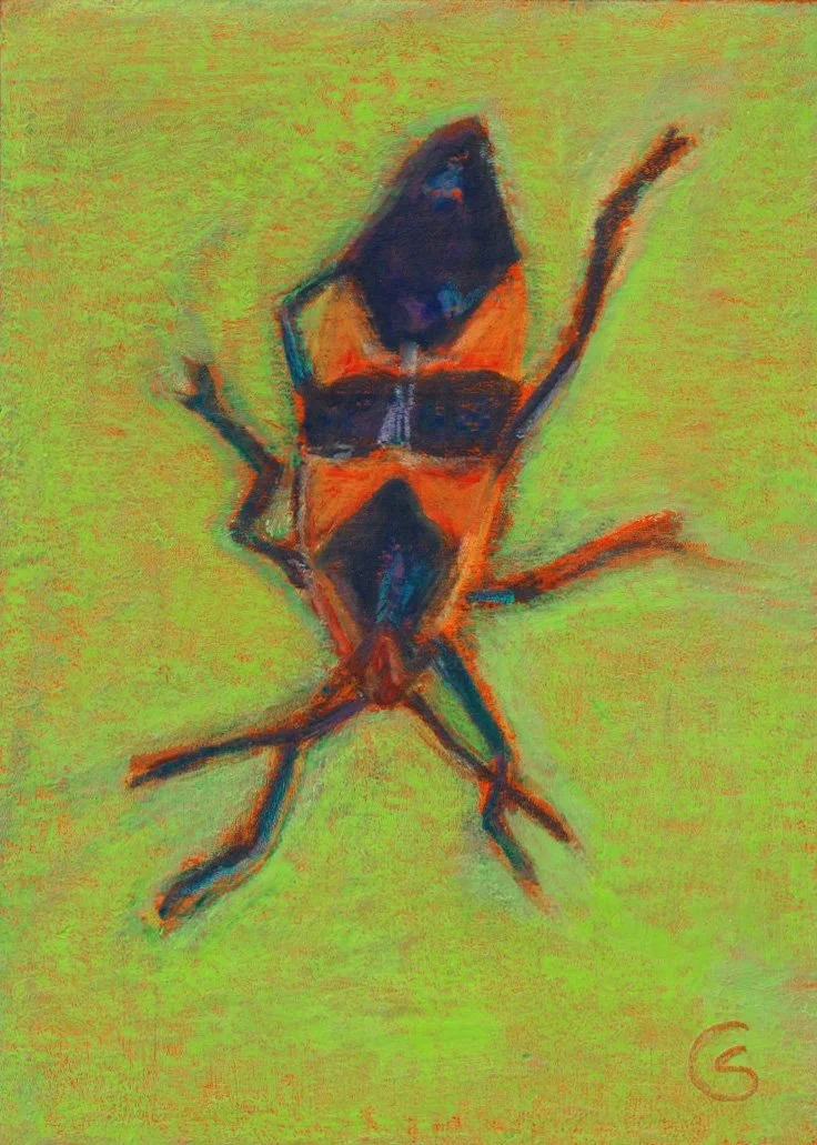 A colorful, abstract painting of a beetle on a green background.