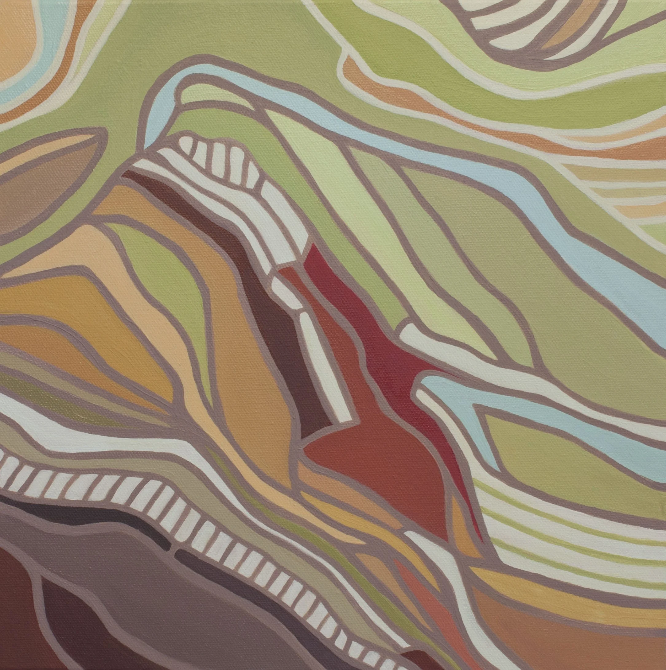 A mid century modern abstract topographical aerial view landscape of rice terraces at sunset using a warm color palette, thick, curving lines and shapes in shades of green, orange, white, blue, red, and brown.