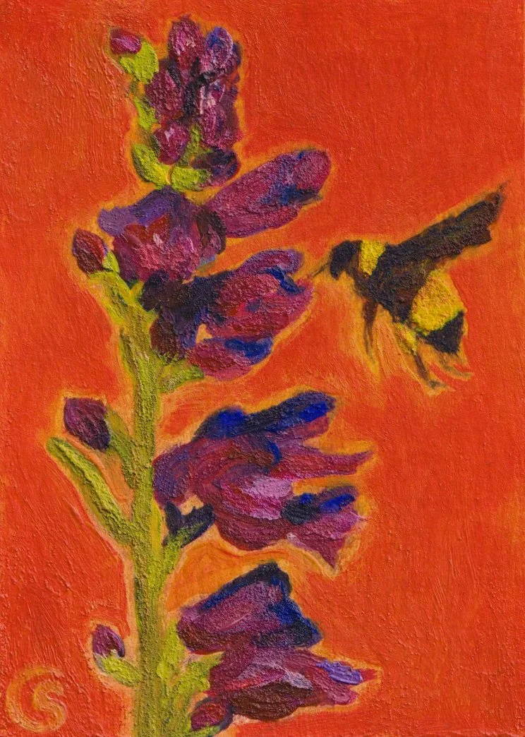 Painting of purple and pink flowers with a yellow and black bee on an orange background.