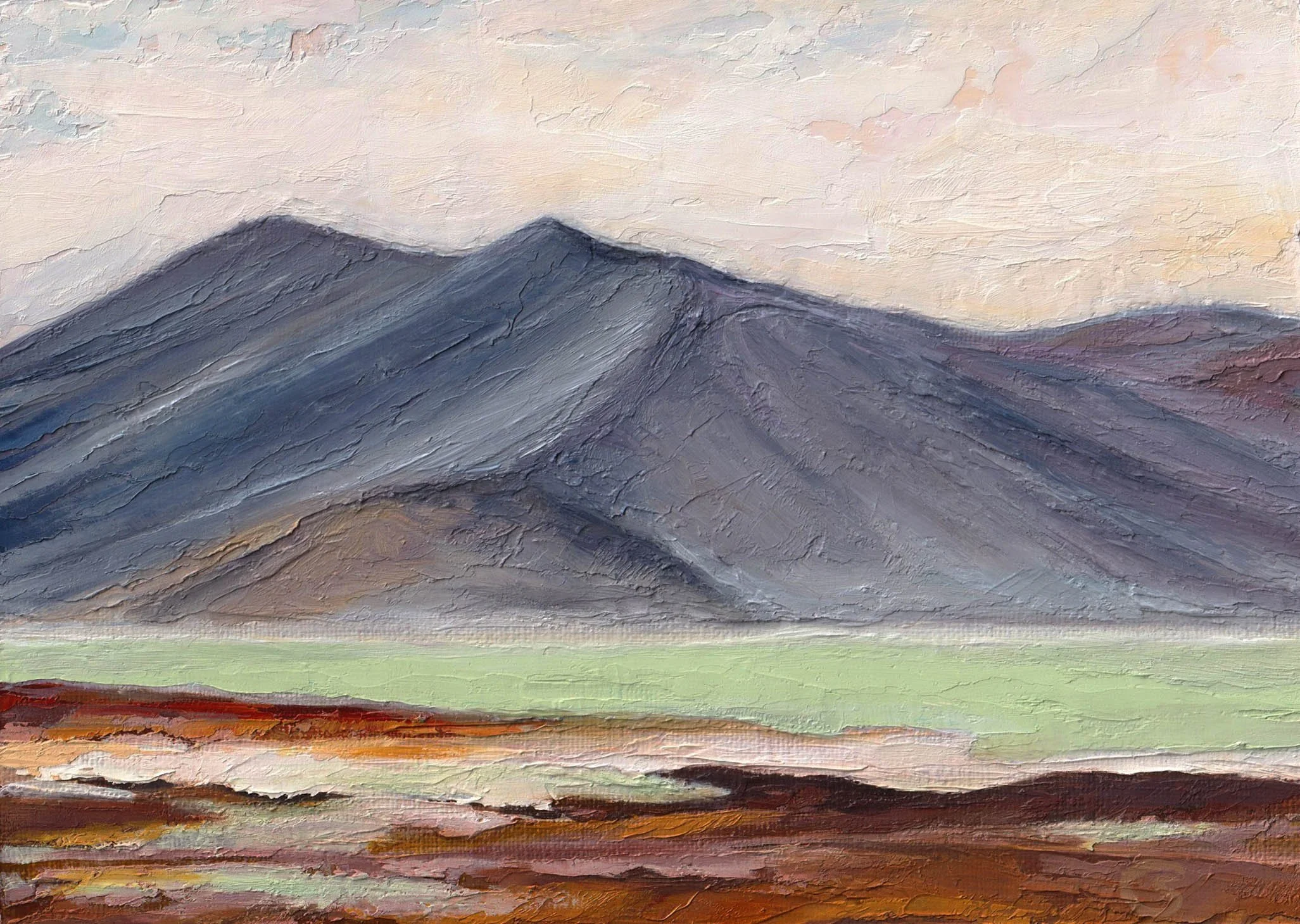 A colorful abstract palette knife impressionist-style oil painting of Incahuasi mountain in Peru, South America. It has layered colors of gray, purple, pink, green, and brown, with a textured sky in soft pastel tones.