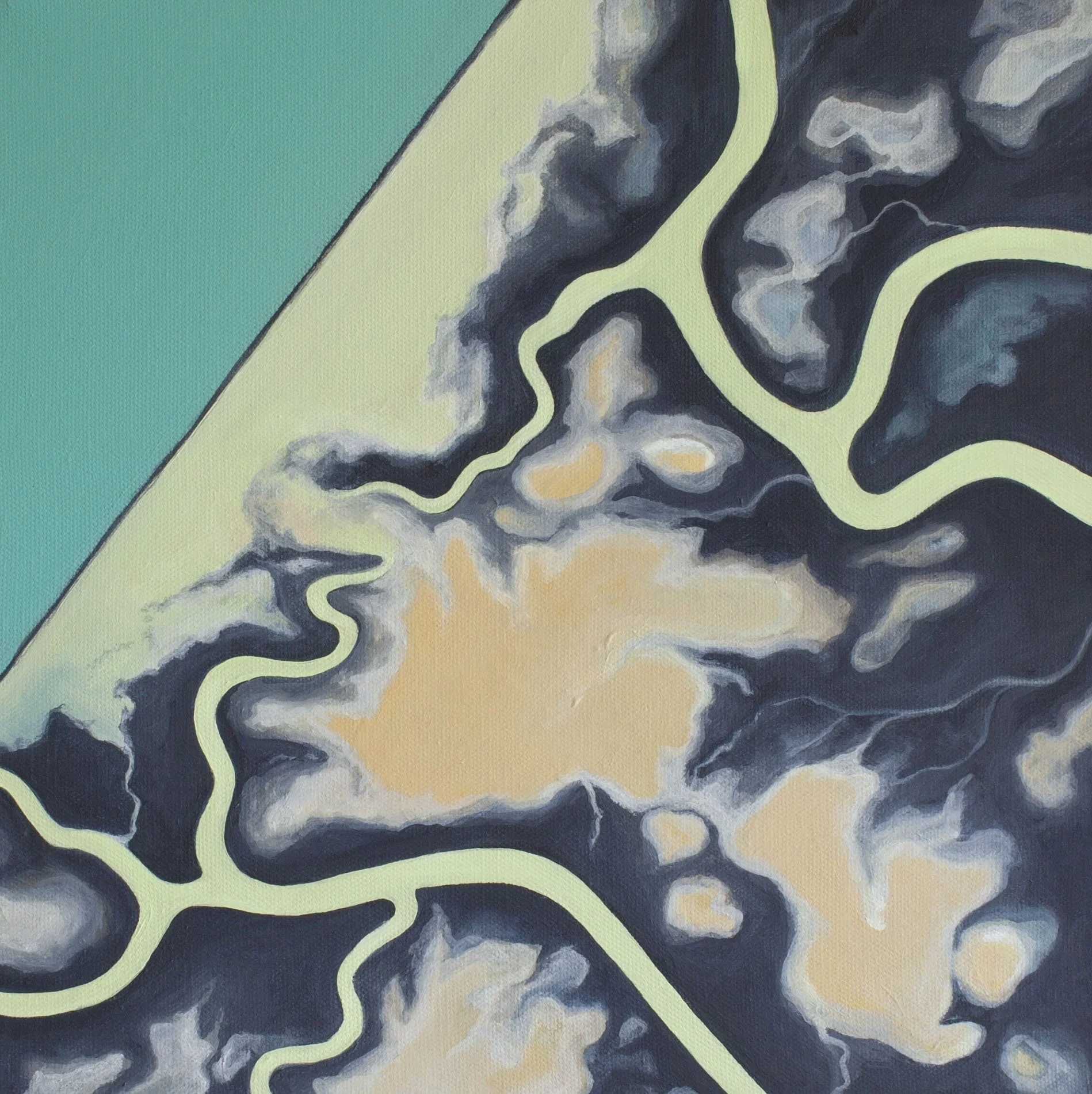 An abstract aerial view landscape painting of river runoff with swirling patterns in dark blue, gray, yellow and light green with a mint green and teal background.