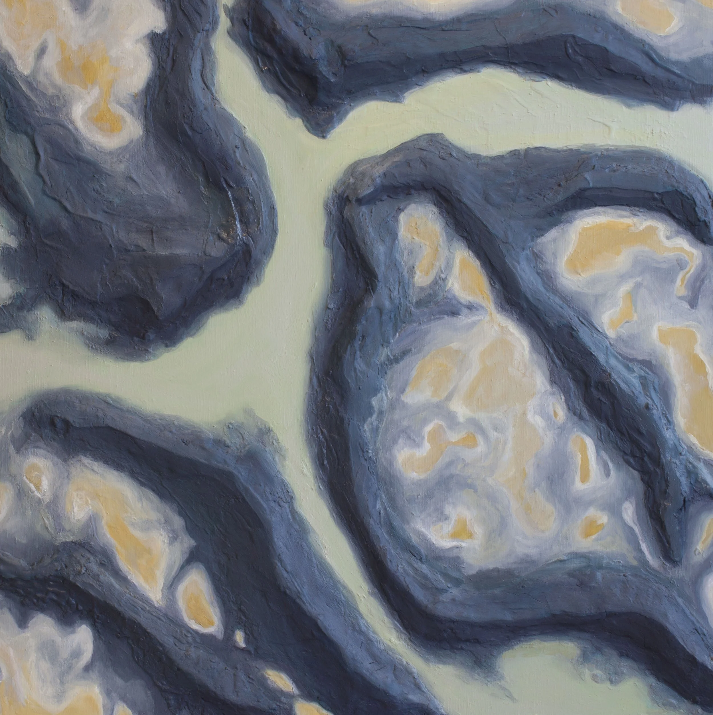 A 3-D abstract aerial view landscape painting of a river with swirling dark blue, gray, and yellow colors, textured brushstrokes on a mint green background.