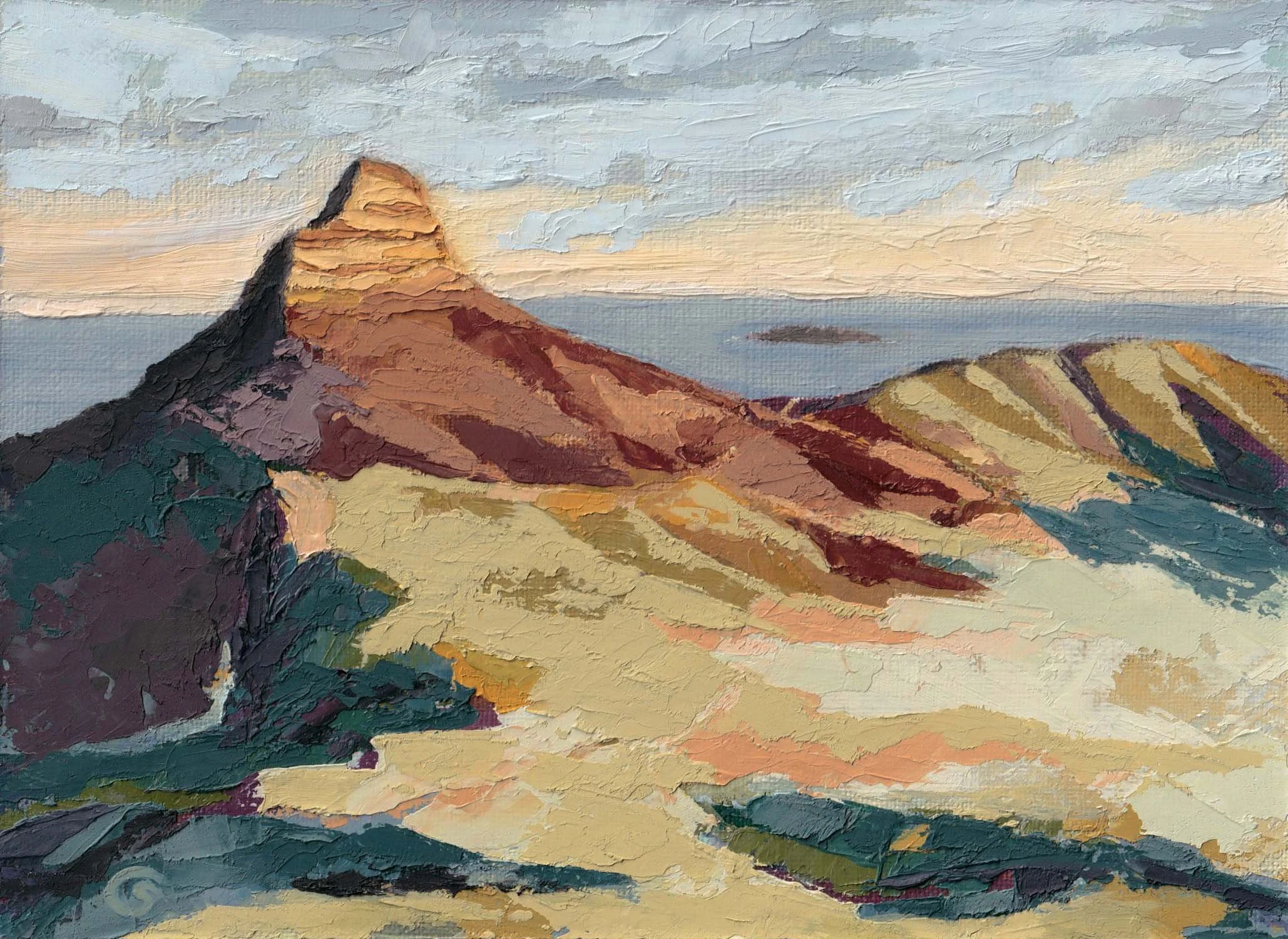 A colorful abstract palette knife impressionist-style oil painting of Lion's Head mountain peak in Cape Town, South Africa at sunset, with prominent rocky peaks, colorful slopes, and a cloudy sky.
