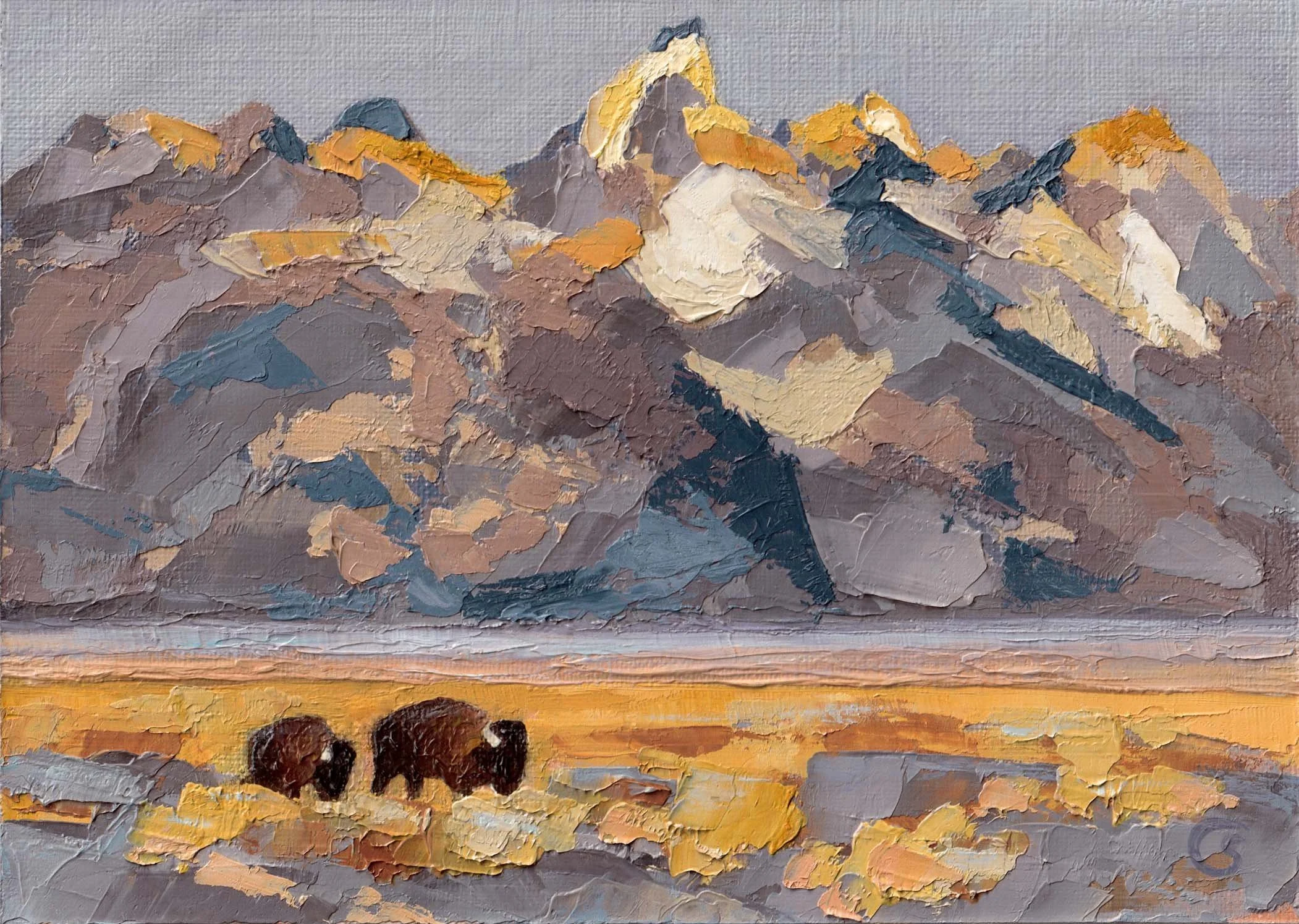 A colorful impressionist palette knife landscape oil painting of Grand Teton National park showing a mountain landscape with a sky, and a row of bison or buffalo painted in the foreground.