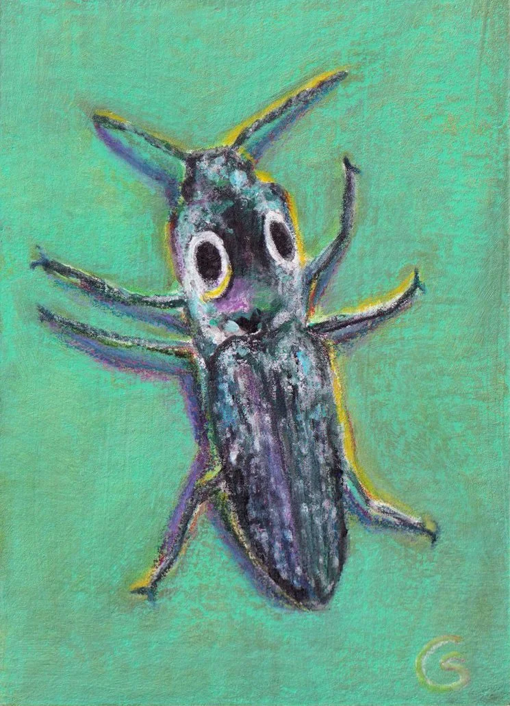 A colorful, childlike painting of a bug with large eyes, a segmented body, six legs, and antennae on a light green background.