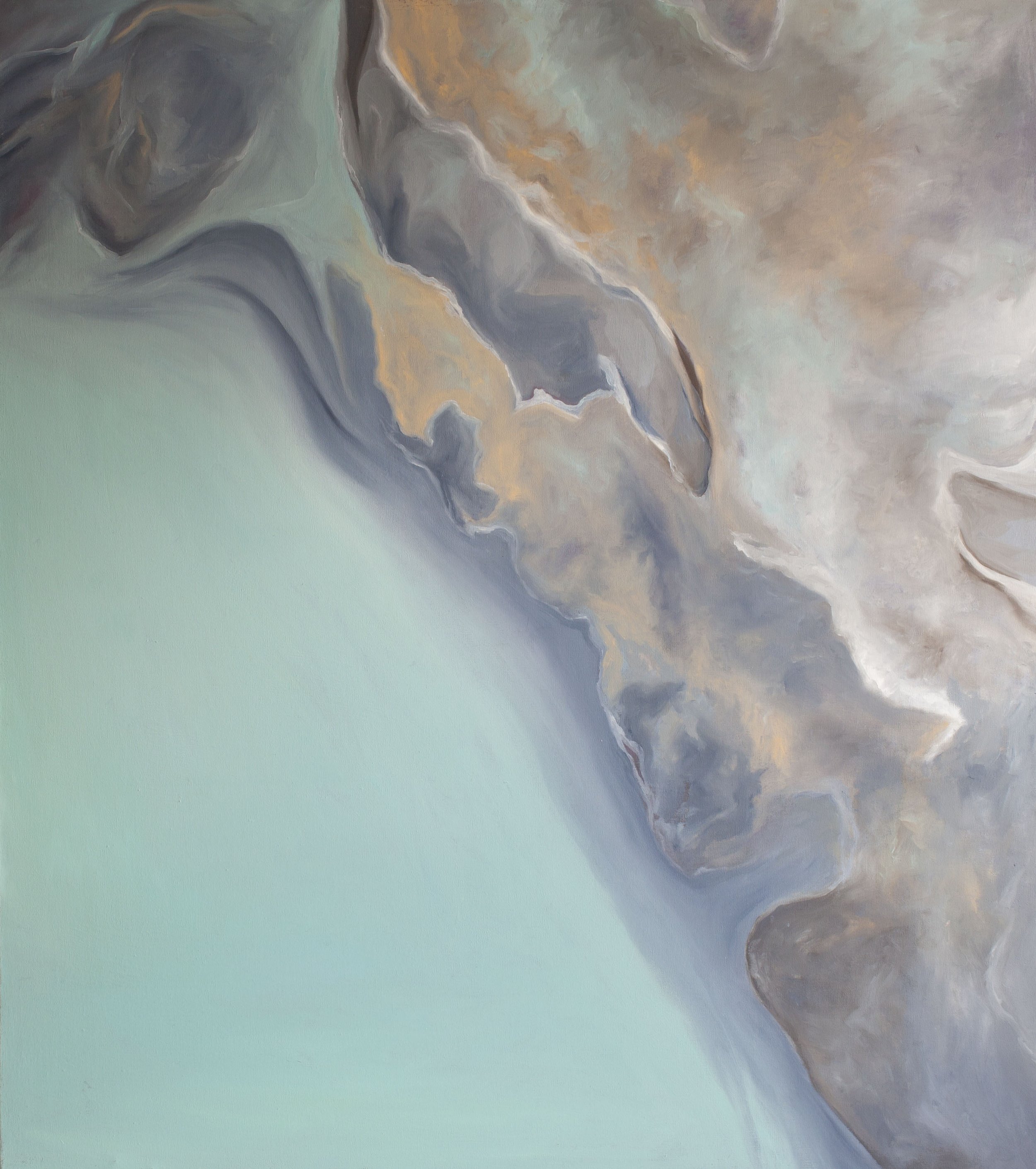 An abstract aerial view landscape painting of volcanic ash river runoff in Iceland with swirling patterns and soft pastel colors, featuring swirling shapes and gentle gradient background.
