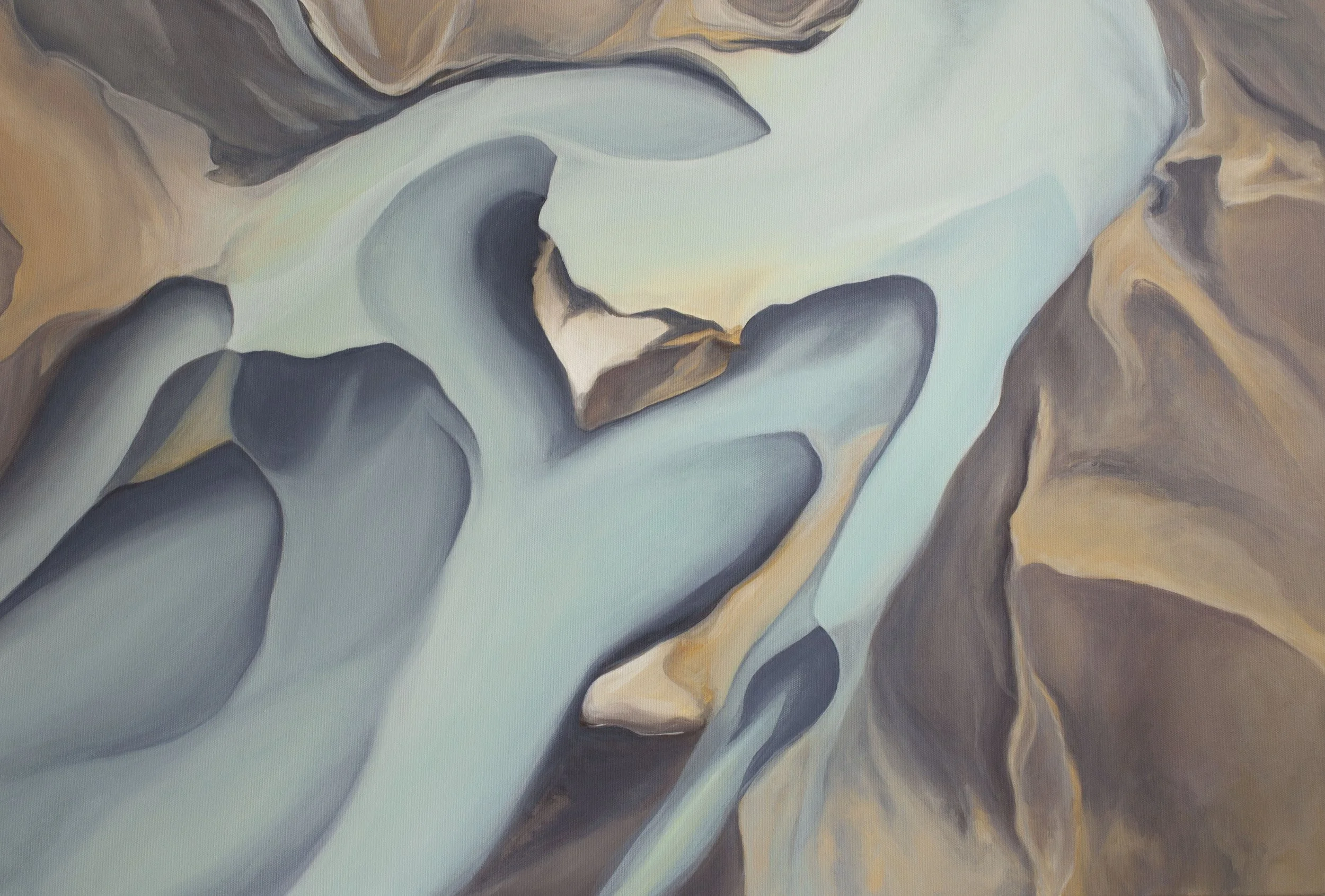 An abstract aerial view landscape painting of ash river runoff in Iceland with swirling patterns in shades of blue, brown, and beige.
