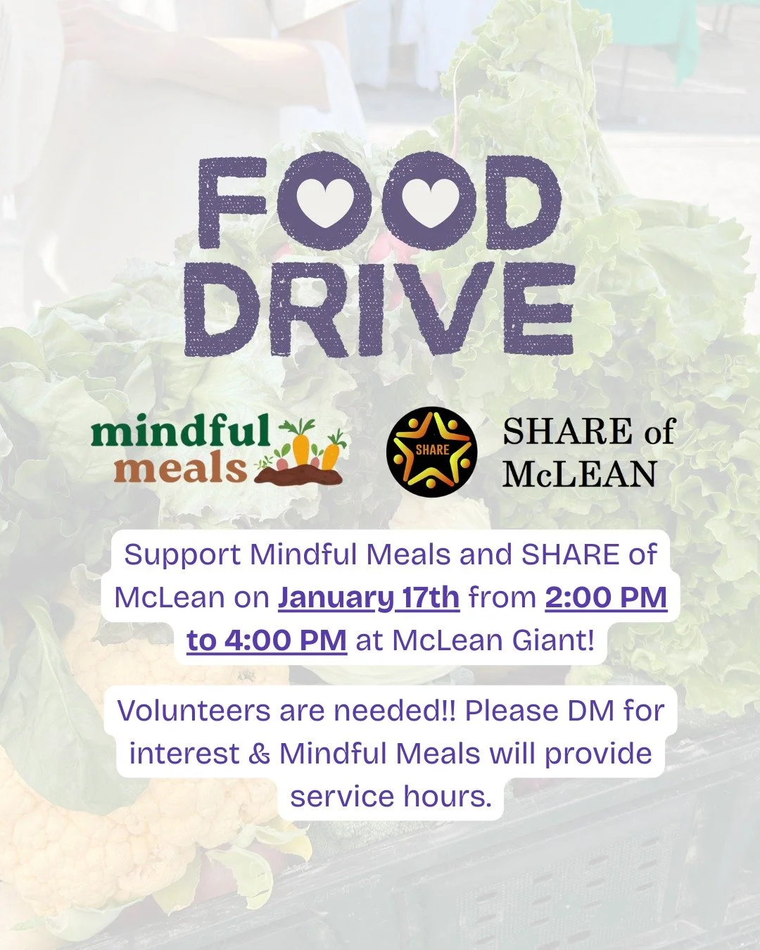 Mindful Meals is hosting our second food drive with SHARE of McLean on January 17th, Saturday, from 2:00 PM to 4:00 PM! If you are interested in helping out, please DM to participate and volunteer within the next few weeks. We will be supporting loca
