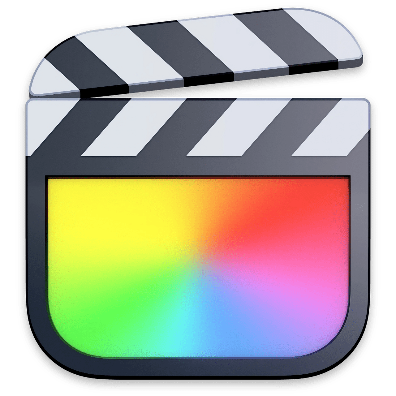 Clapperboard icon with a colorful rainbow background.