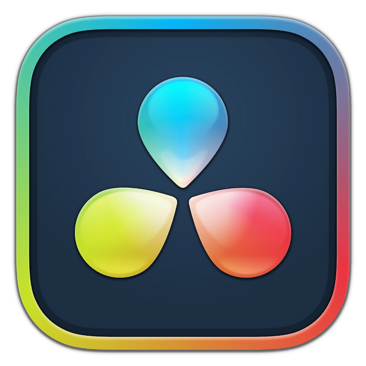 Colorful app icon with a dark background, featuring three rounded teardrop shapes in blue at the top, yellow to the bottom left, and red to the bottom right, forming a triangular arrangement.