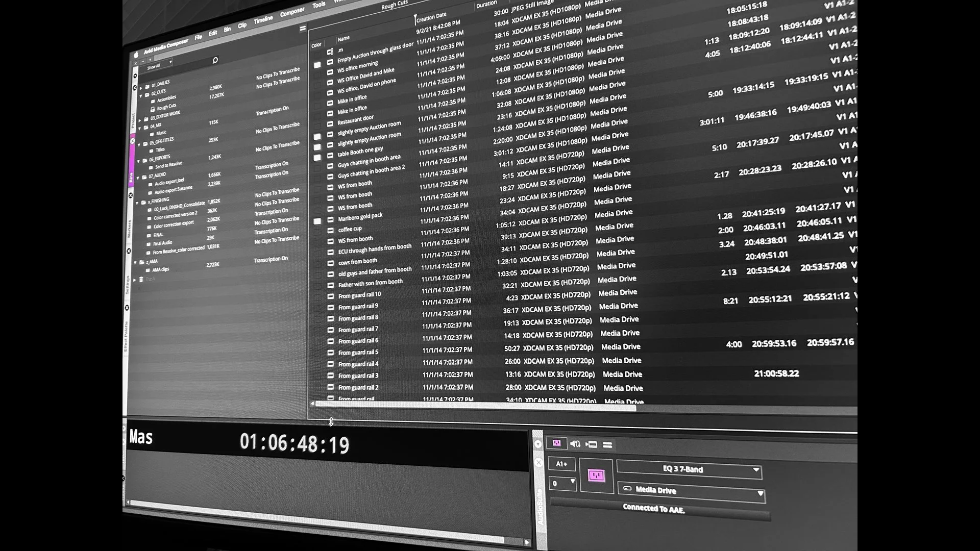 A computer screen displaying media organization software with a list of video clips, checkboxes, timestamps, and a timeline at the bottom. The interface includes various folders, file names, durations, and media details.