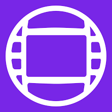 Icon of a film reel with a blank center, on a purple background.