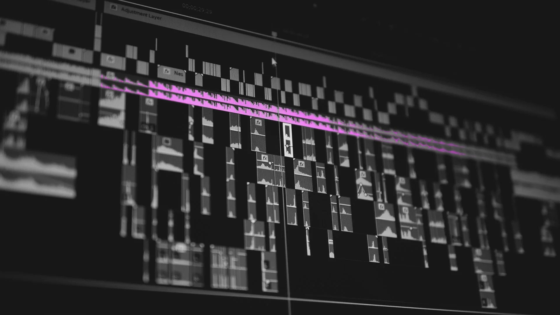 A digital audio editing software interface with multiple tracks, waveforms, and editing tools visible, highlighted with pink waveforms.
