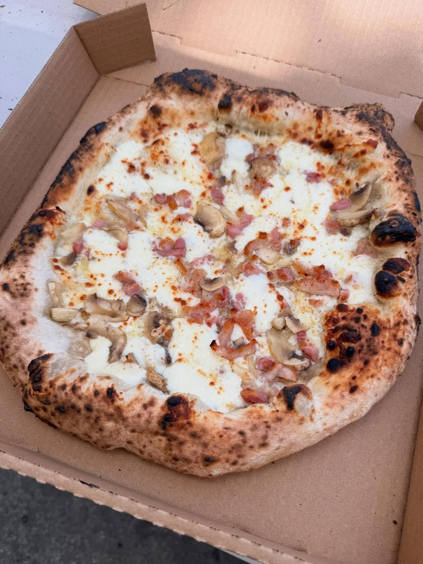 classic Quattro Formaggi with a twist of mushroom 🍄&zwj;🟫 and pancetta ~ hitting the lineup for a limited time ✨ 

~

#panepomo #paneepomodoro #quattroformaggi #neapolitanpizza #authenticpizza #foodtruck #streetfood #italianfood #foodie #bayareafoo