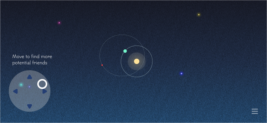 Figure 1: Interface of the movement tutorial with a few friends’ planets in the space