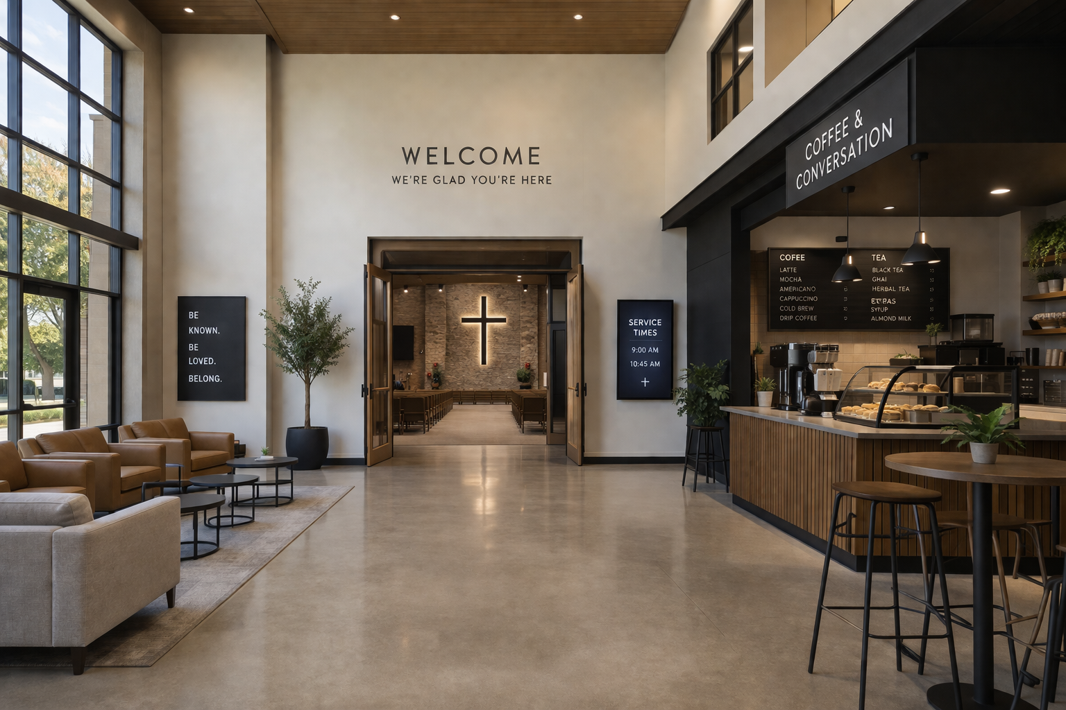 Interior of a modern church lobby with a coffee and conversation area, a welcome sign, service times, and a view into the church sanctuary with a cross on the wall.