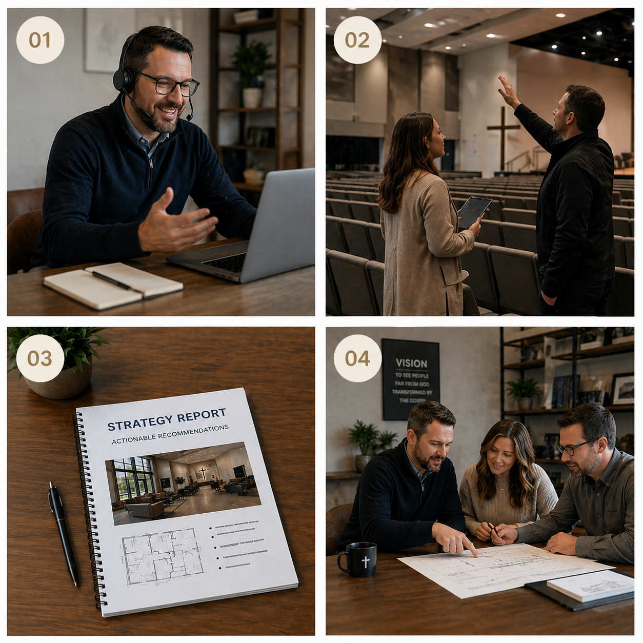Screenshots of church planning and meetings. (1) A man with glasses and a headset on a video call, smiling at his laptop with a notebook next to him. (2) A woman holding a tablet talking to a man inside an empty church. (3) A strategy report on a table with a pen and a small plant. (4) Three people discussing and pointing at blueprints at a table, with a church-related sign on the wall.