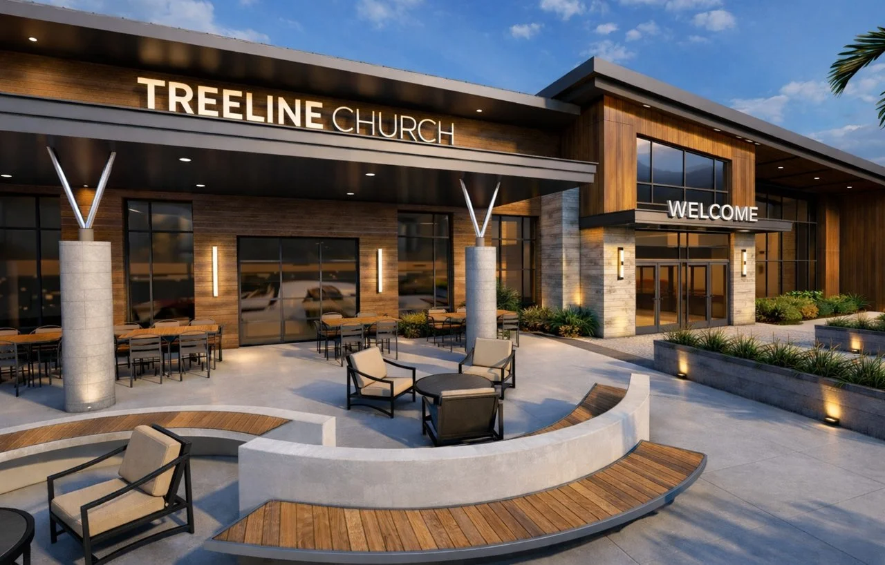 Exterior of Treeline Church with welcoming entrance, outdoor seating area, modern architectural design, and landscaped surroundings during daytime.