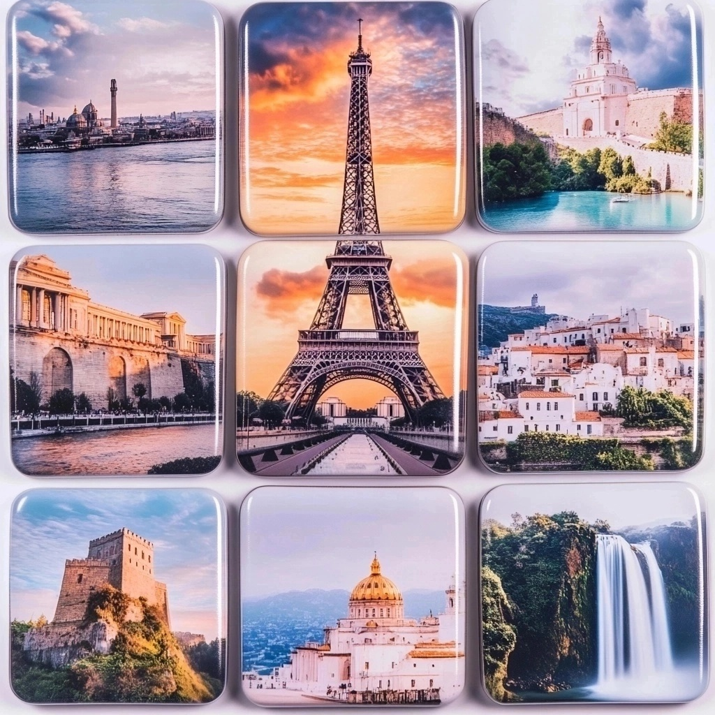 Nine-piece flexible magnet set featuring famous travel landmarks including the Eiffel Tower and Great Wall