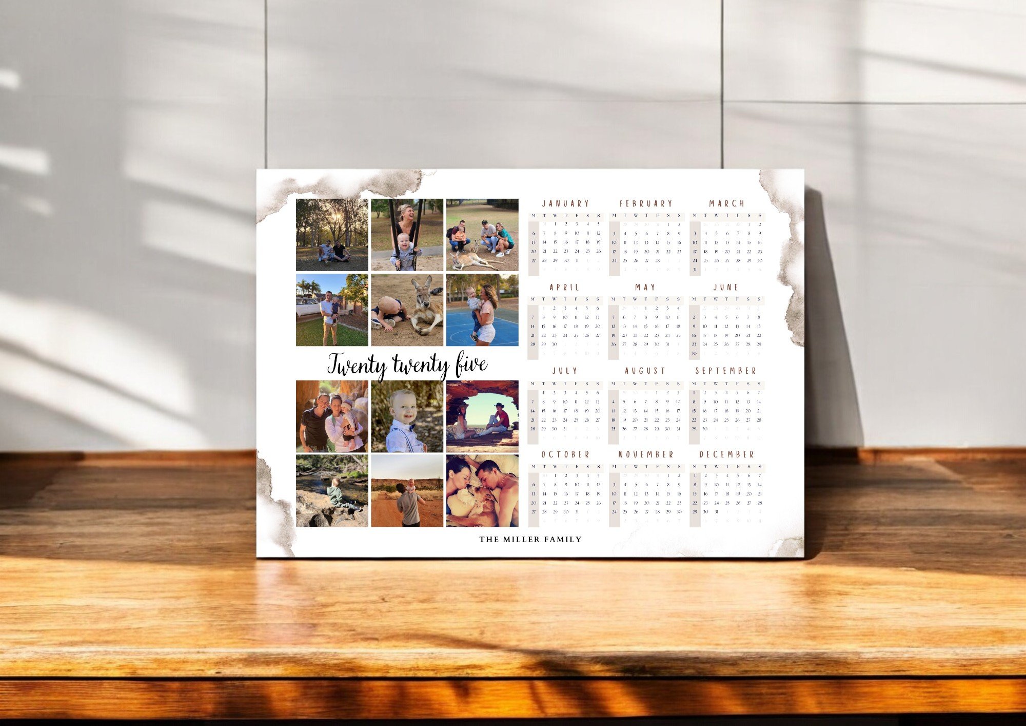 Custom photo collage calendar magnet for 2025 with multiple family photos and modern handwritten typography.