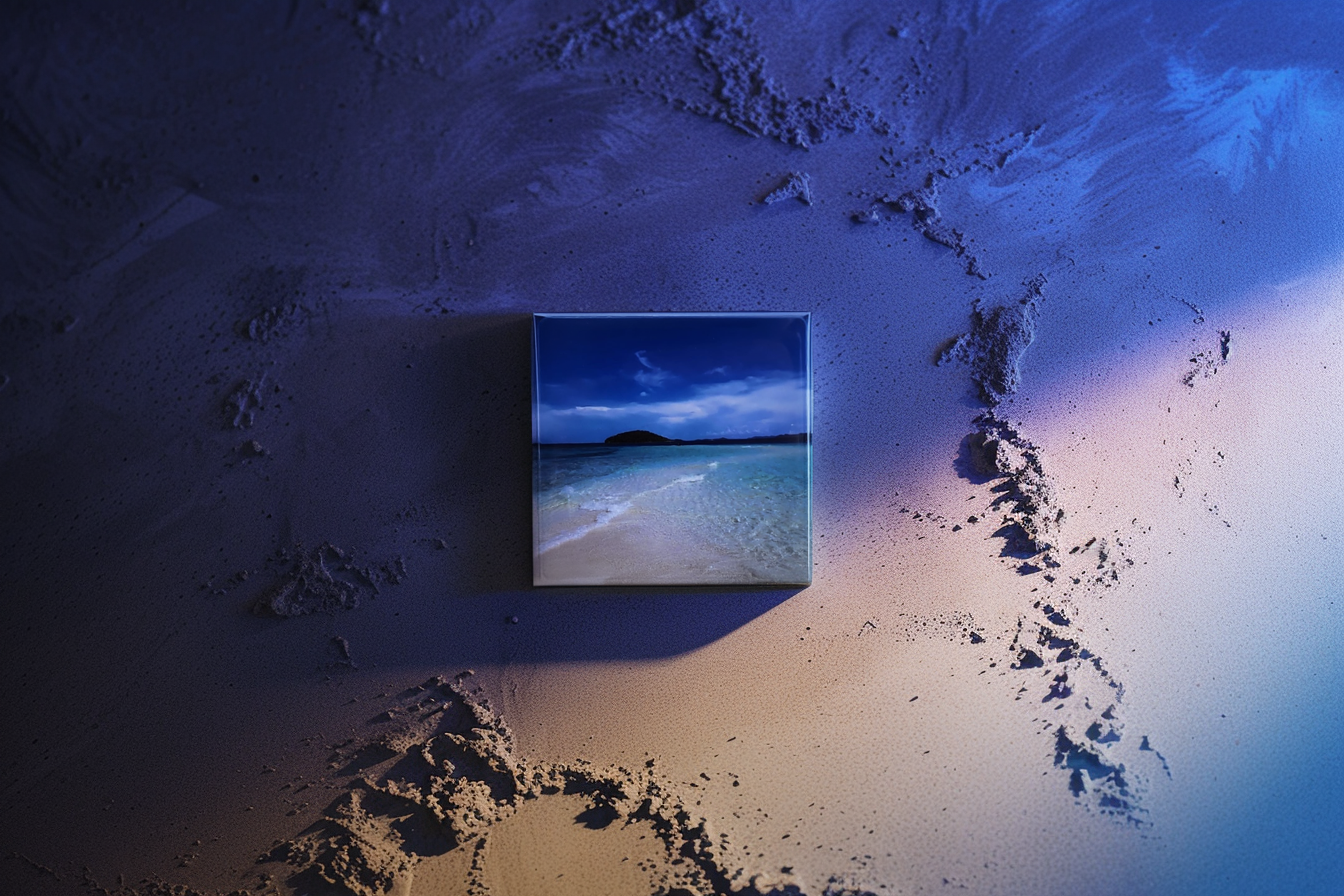 photo magnet of a beach landscape on textured sand with a moody blue and violet lighting effect
