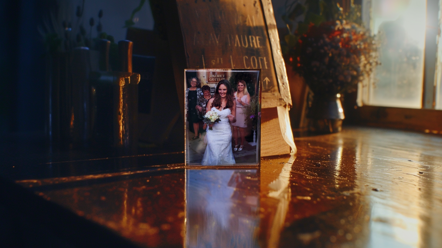 photo magnet featuring a smiling bride, displayed on a dark wooden surface with warm ambient light
