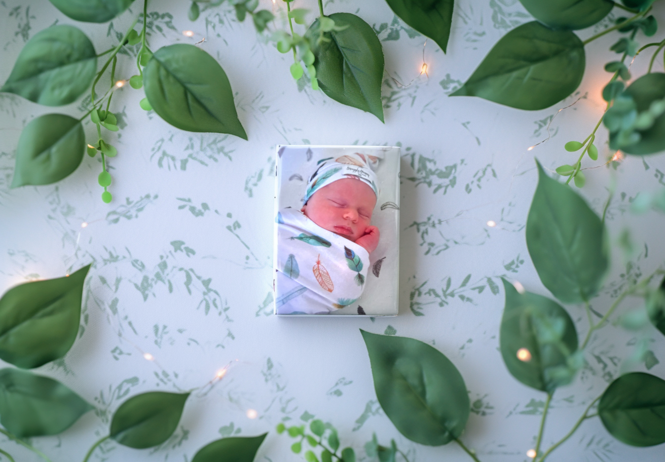 Swaddled newborn baby surrounded by green leaves and soft lights on a patterned surface.