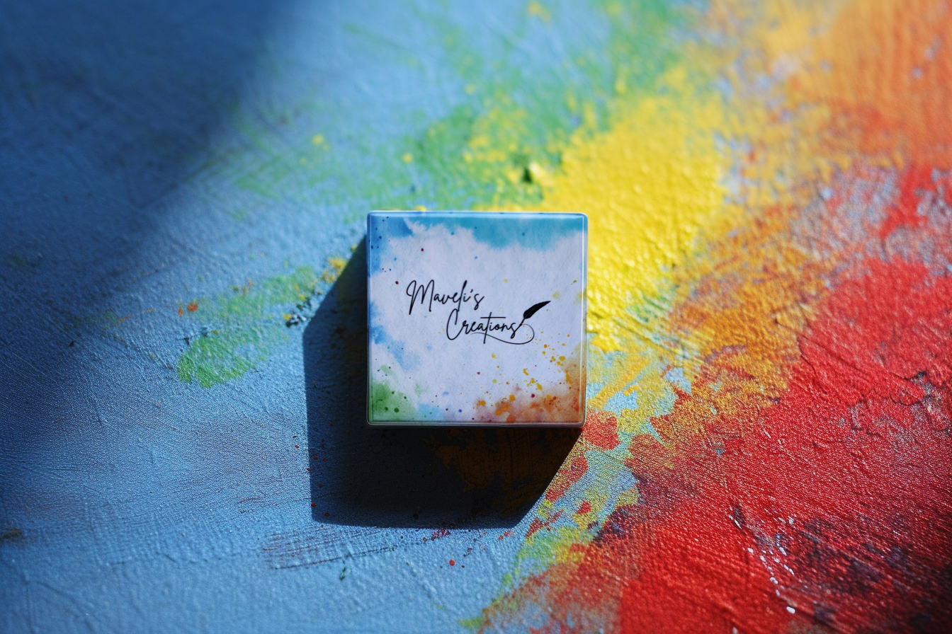Square glossy magnet with Maveli’s Creations logo on a colourful paint background – showcasing the brand’s creative identity.