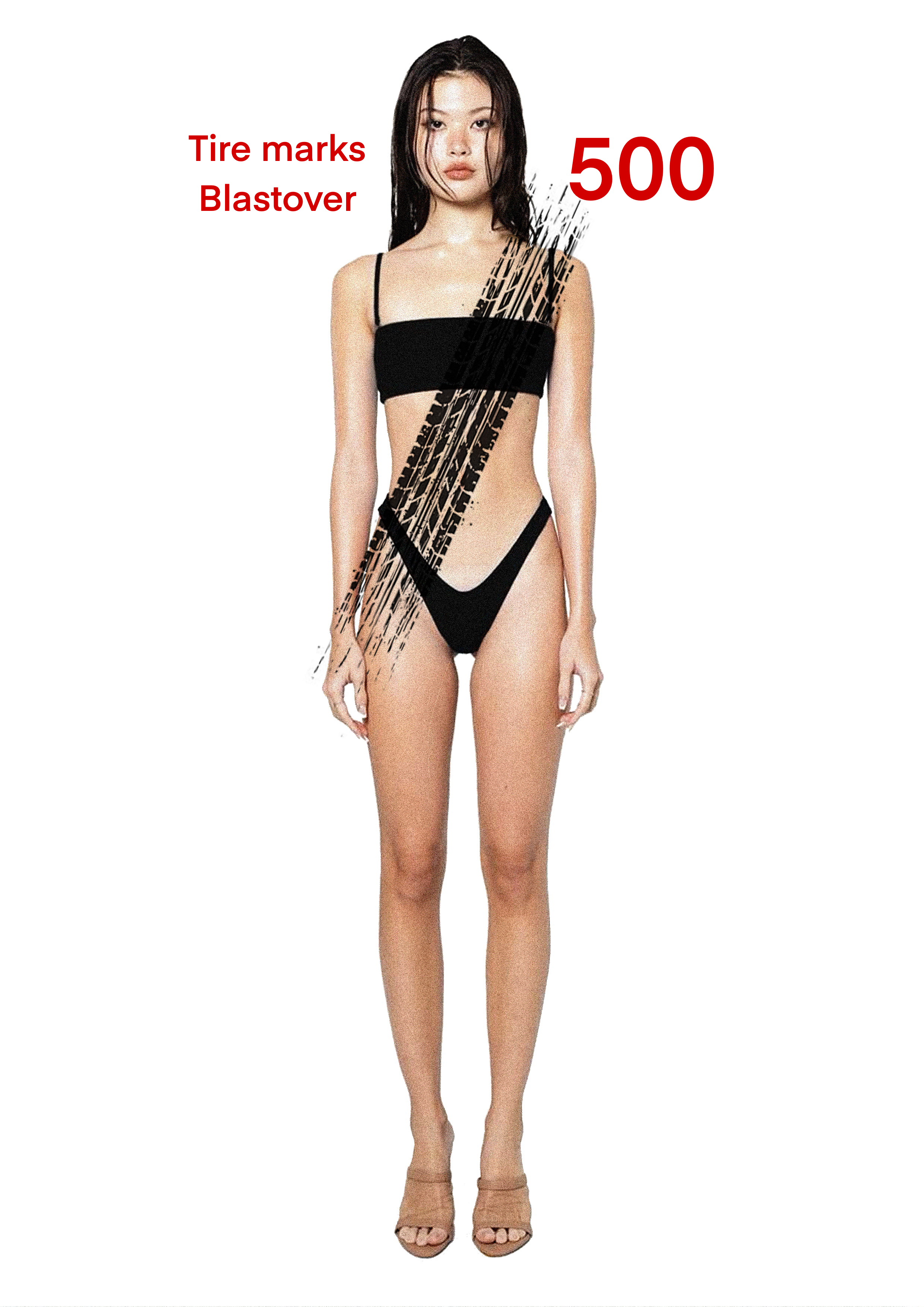 A woman in black swimwear with tire marks on her body. Red text indicating 'Tire marks Blastover 500' next to her.