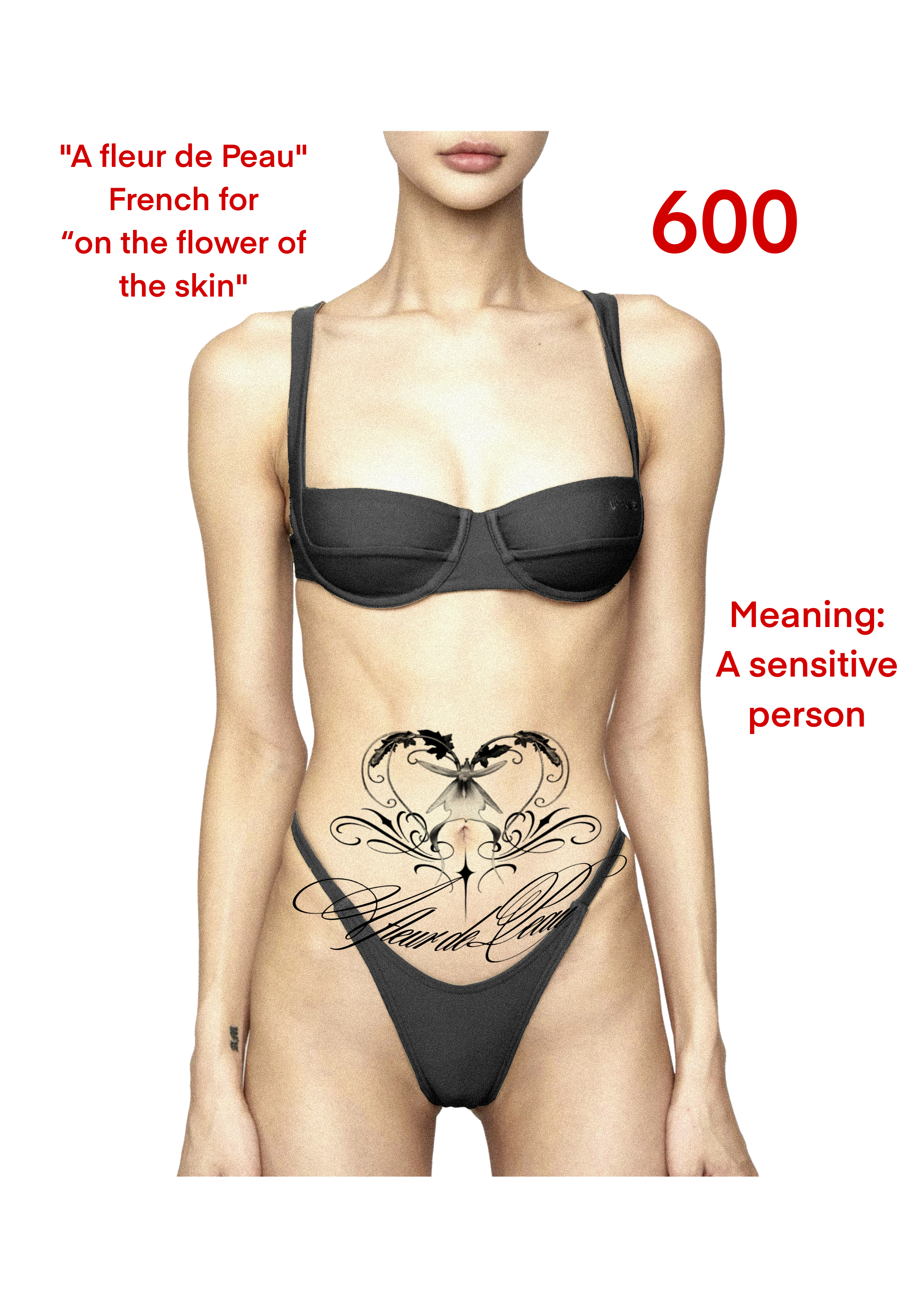 An image of a woman in black lingerie with a tattoo on her lower abdomen surrounded by decorative floral designs. The image contains text explaining the French origin of the word "fleur de peau," which means "on the flower of the skin," and indicatin