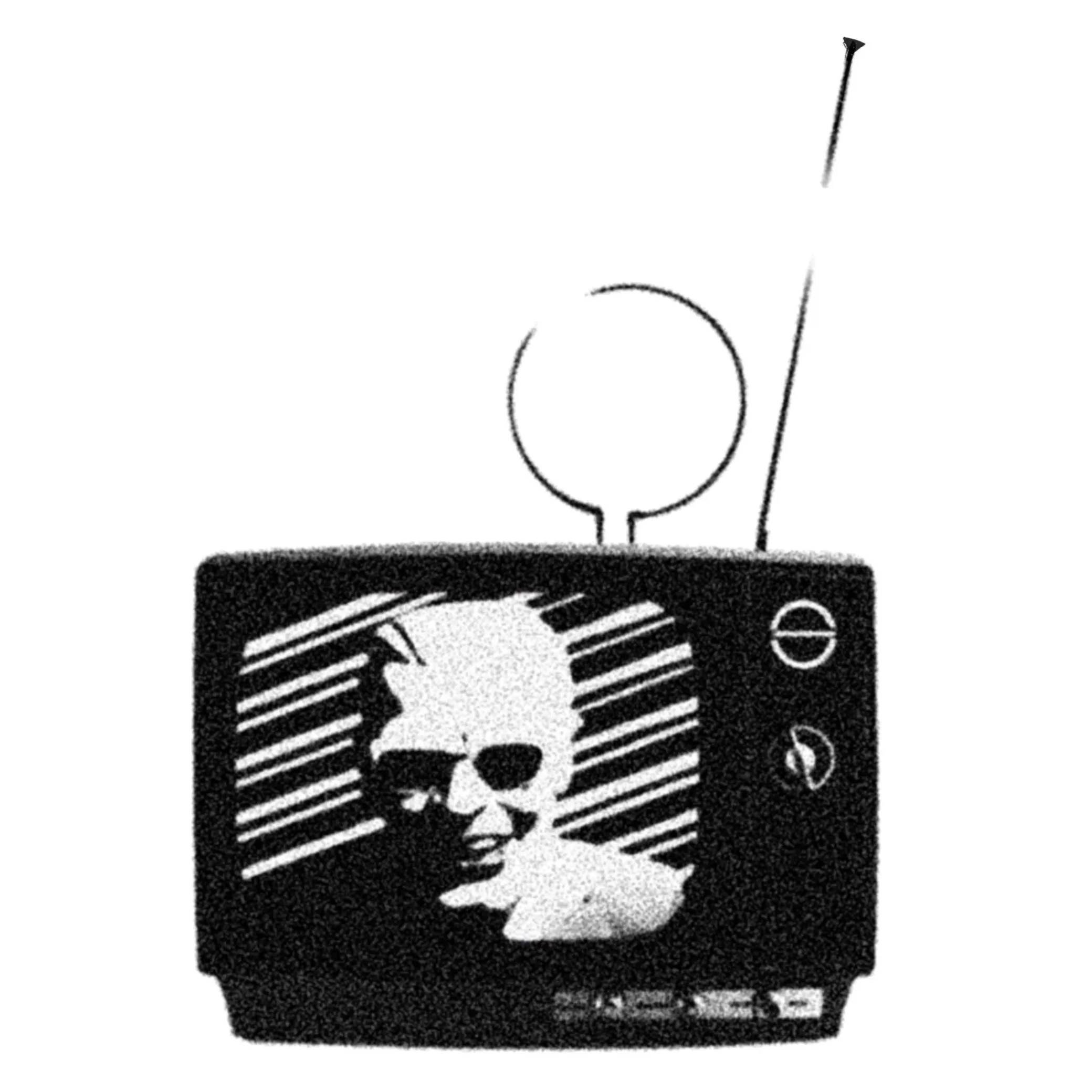 Black and white illustration of a vintage television with a dog wearing sunglasses on the screen, an antenna on top, and control knobs on the right side.