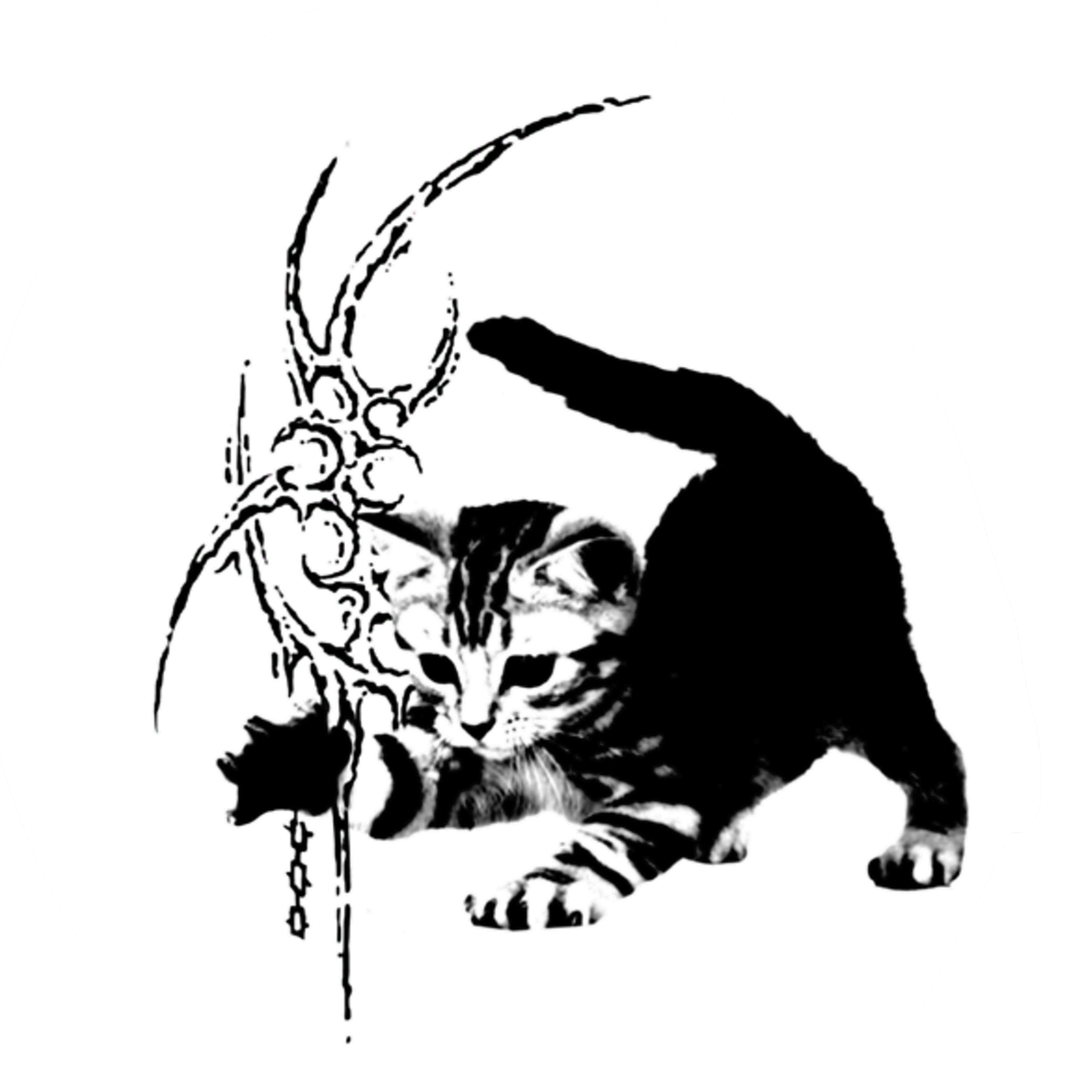 A black and white illustration of a cat playing with a string of beads, with part of its body and tail visible, and a mix of detailed and stylized drawing style.