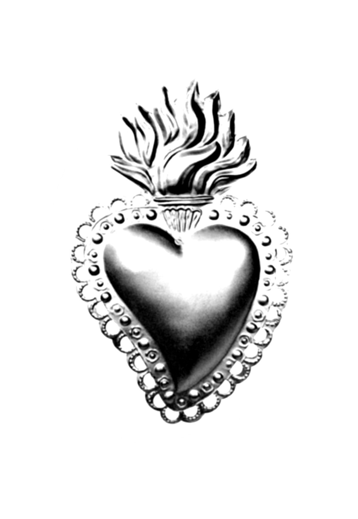 Black and white tattoo design of a heart with a flame on top and decorative border.