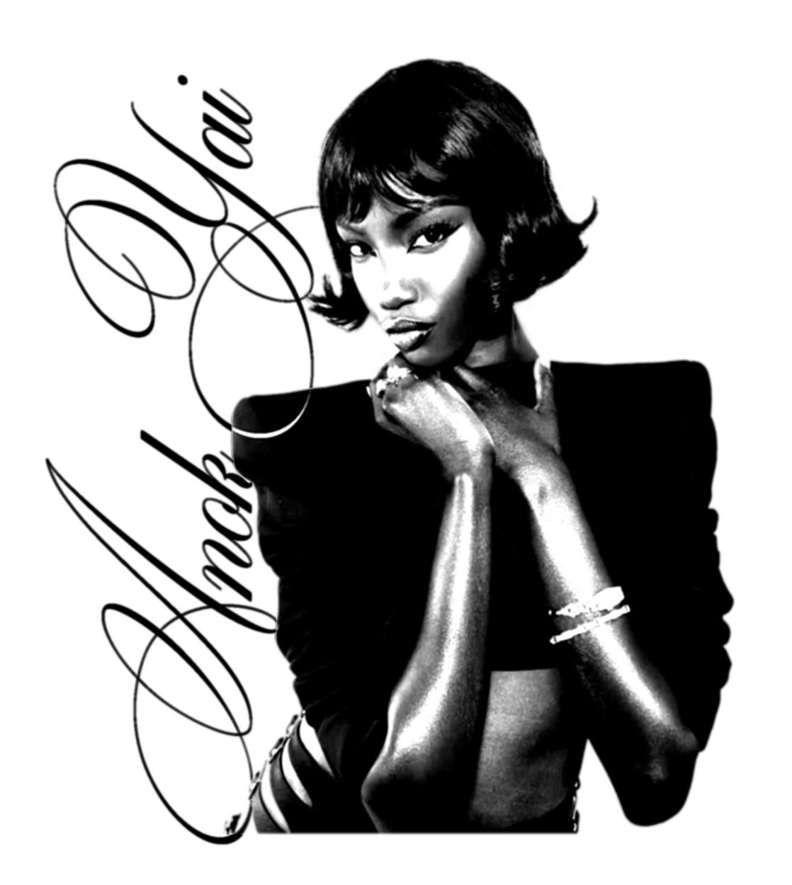 Black and white photograph of a woman with short hair. She is posing with her hands under her chin and looking at the camera. The text "Black You" and "Tomb" is written in a cursive font on the left side of the image.