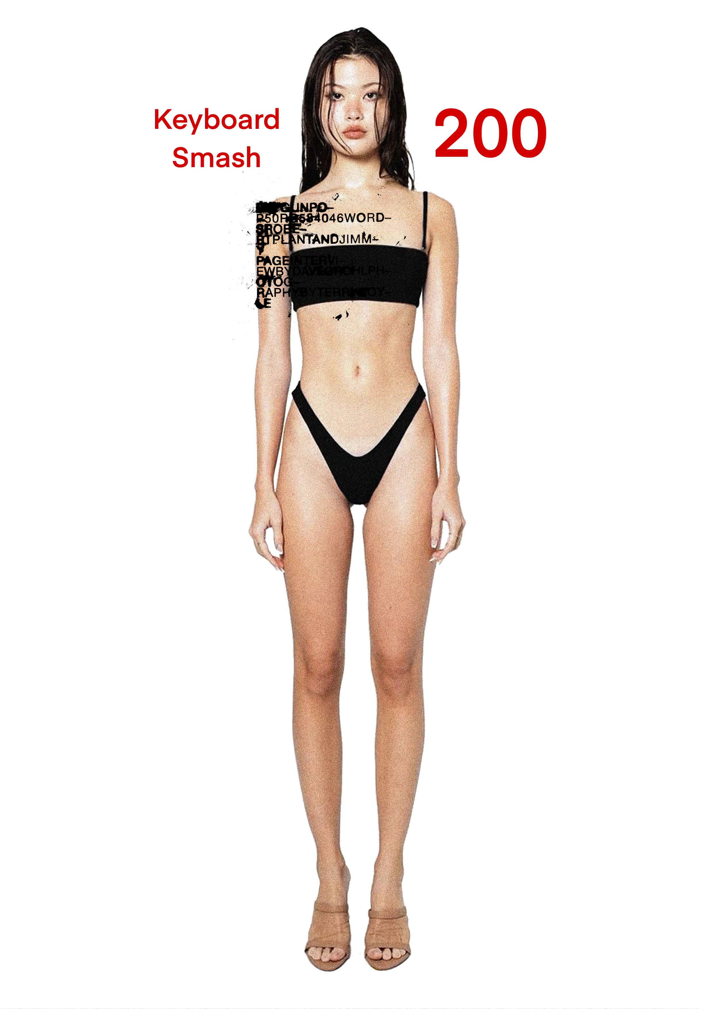 A woman in black bikini standing against a white background with red text reading "Keyboard Smash" and a large red "200".