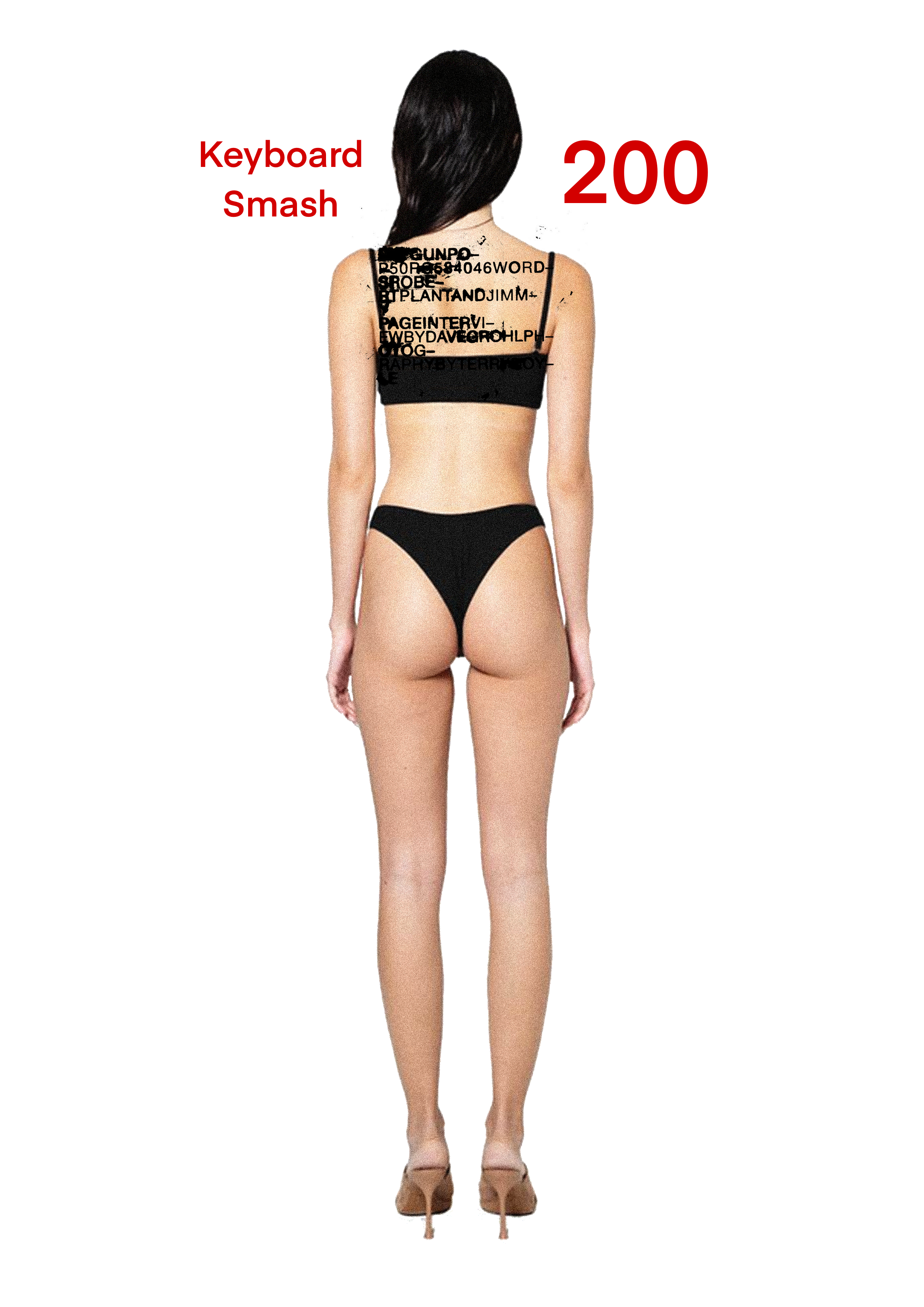 A woman in black underwear viewed from behind with text overlay and a large red number 200, and the words 'Keyboard Smash' in red.