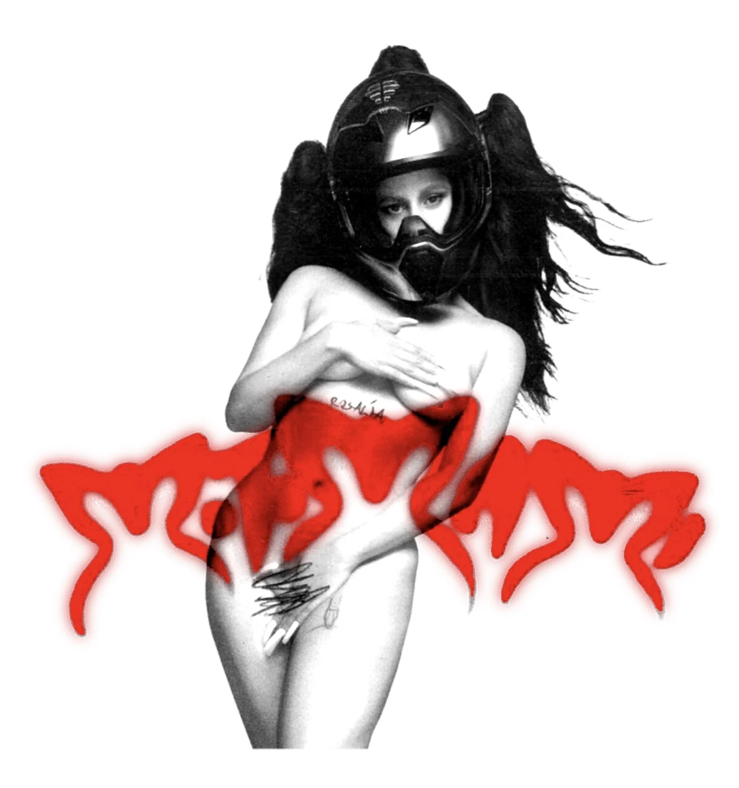 A woman with long hair, wearing a motorcycle helmet and a red sign covering her lower body, standing against a white background.