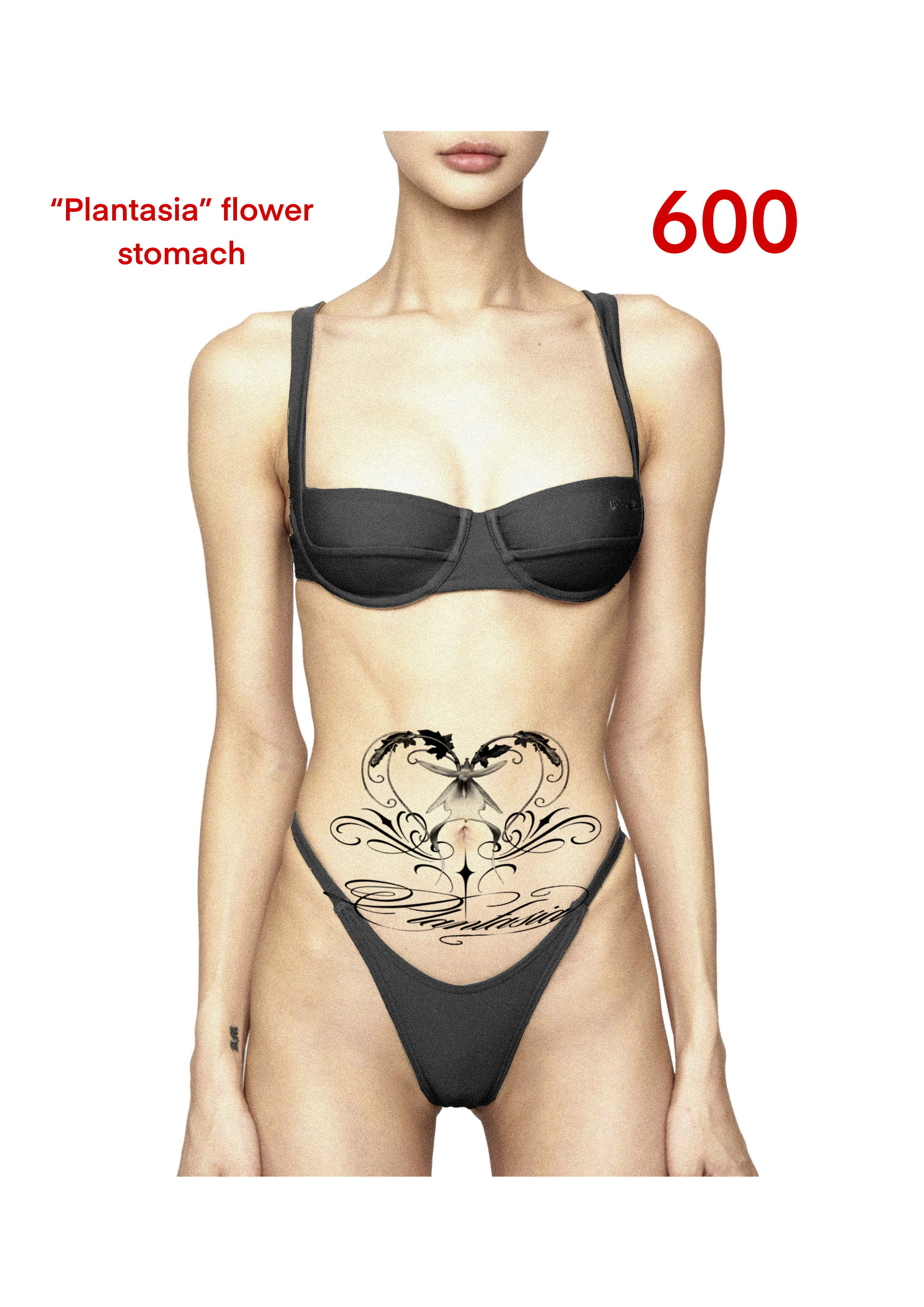 A woman with a detailed tattoo on her stomach, wearing black lingerie, with red text indicating 'Plantasia' flower stomach and the number 600.